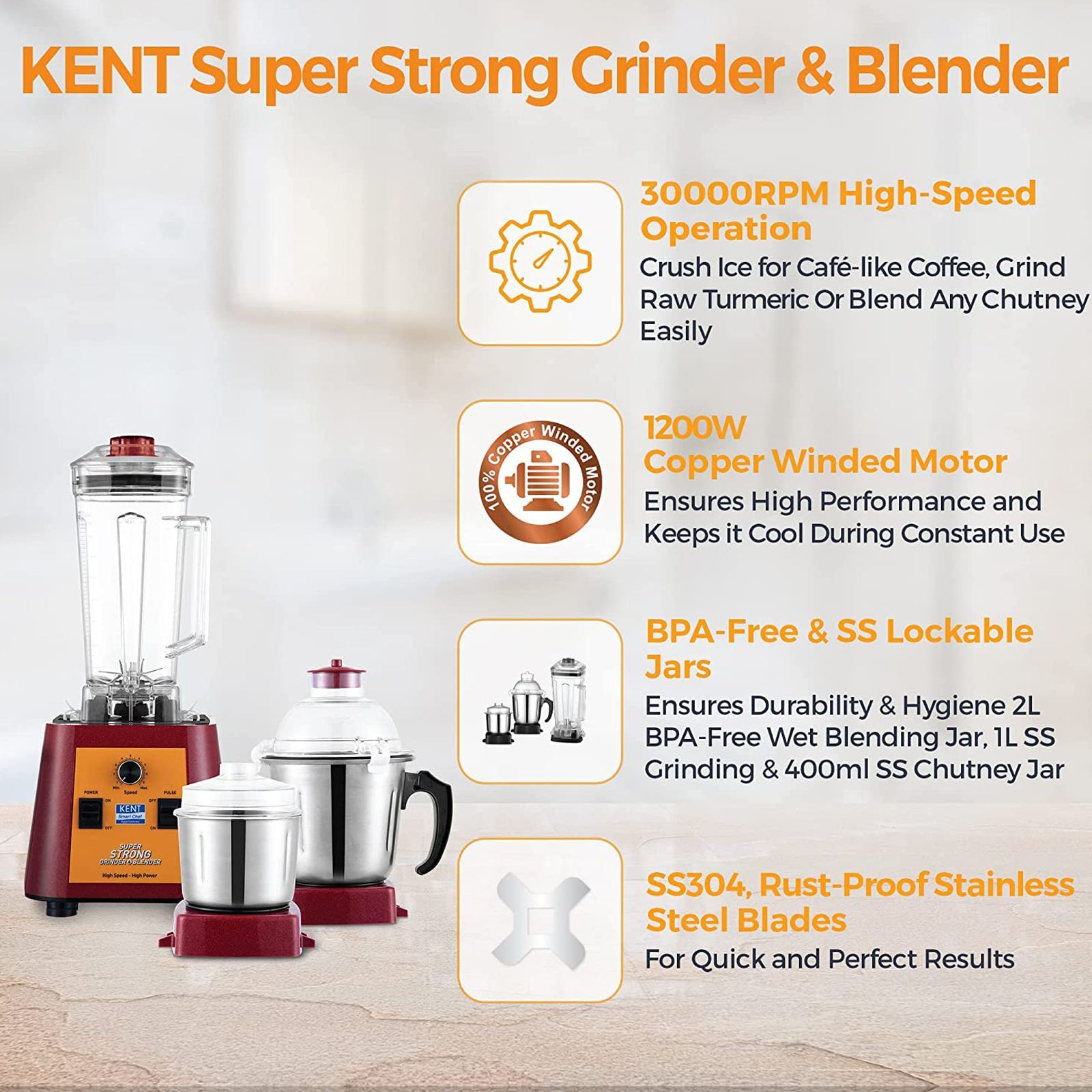 KENT Super Strong 1200 Watt 3 Jars Mixer Grinder Blender (30000 RPM, High Speed Operation, Red)_5