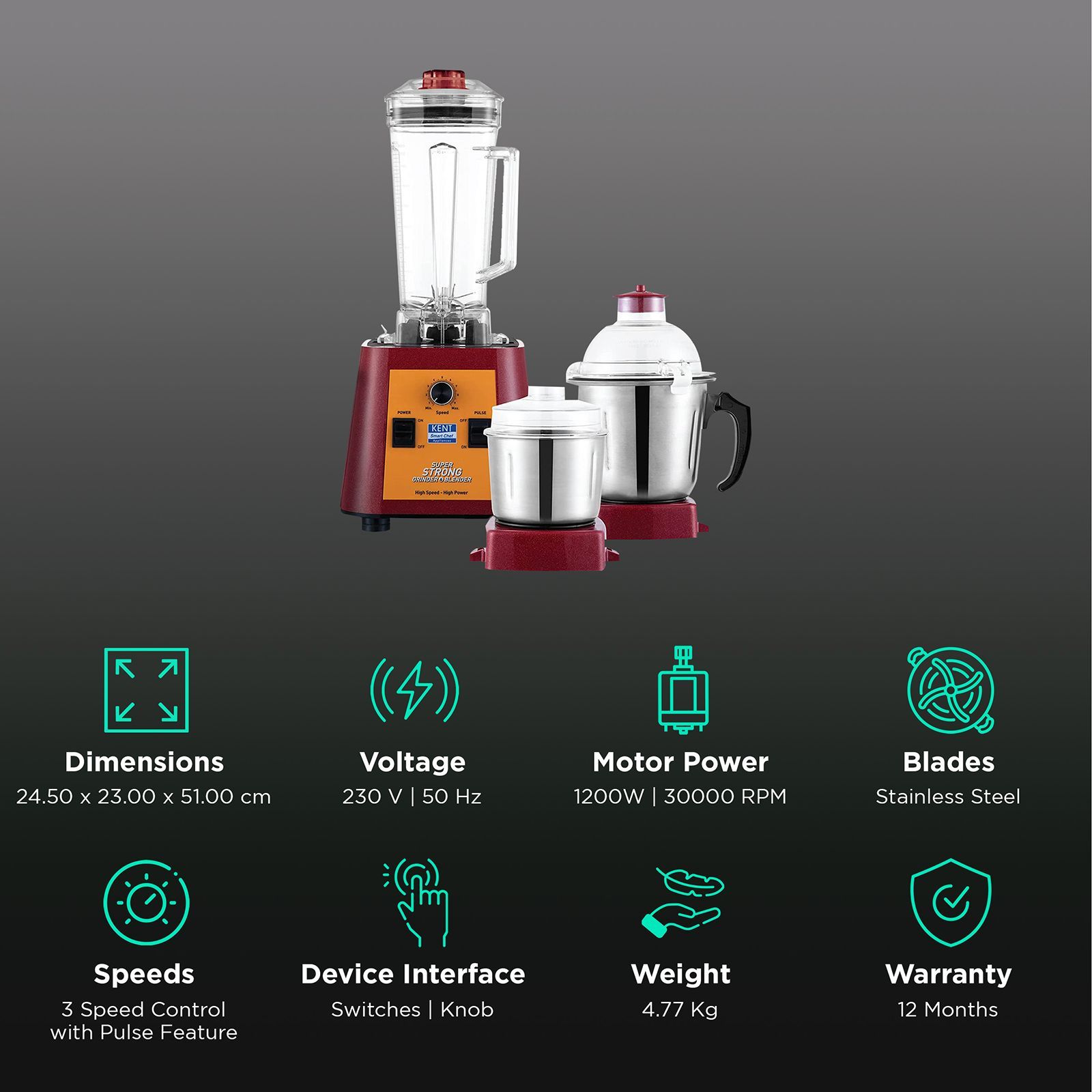 KENT Super Strong 1200 Watt 3 Jars Mixer Grinder Blender (30000 RPM, High Speed Operation, Red)_2