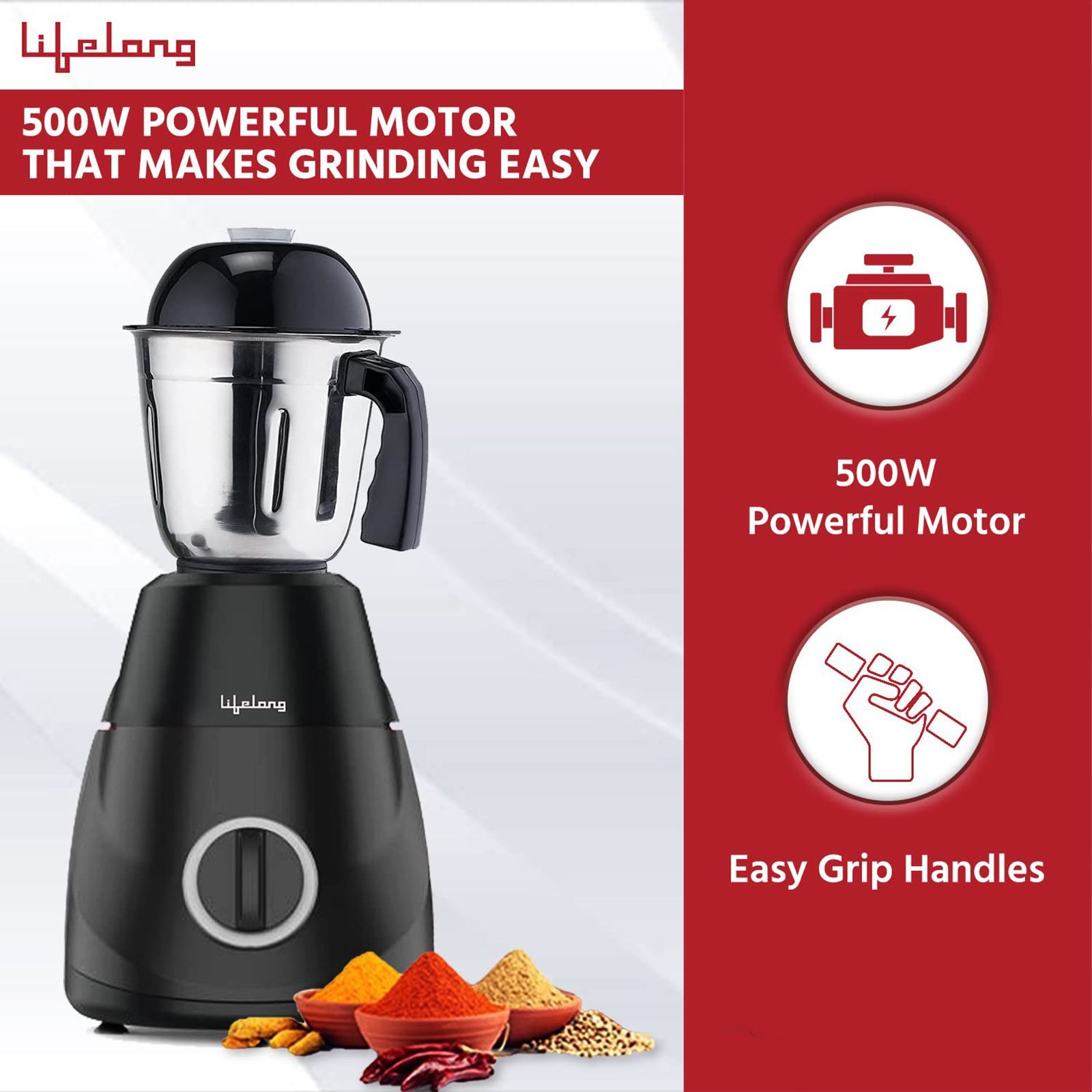Lifelong Power Pro LX 500 Watt 3 Jars Mixer Grinder (18000 RPM, 3 Speed Control with Incher, Black)_8