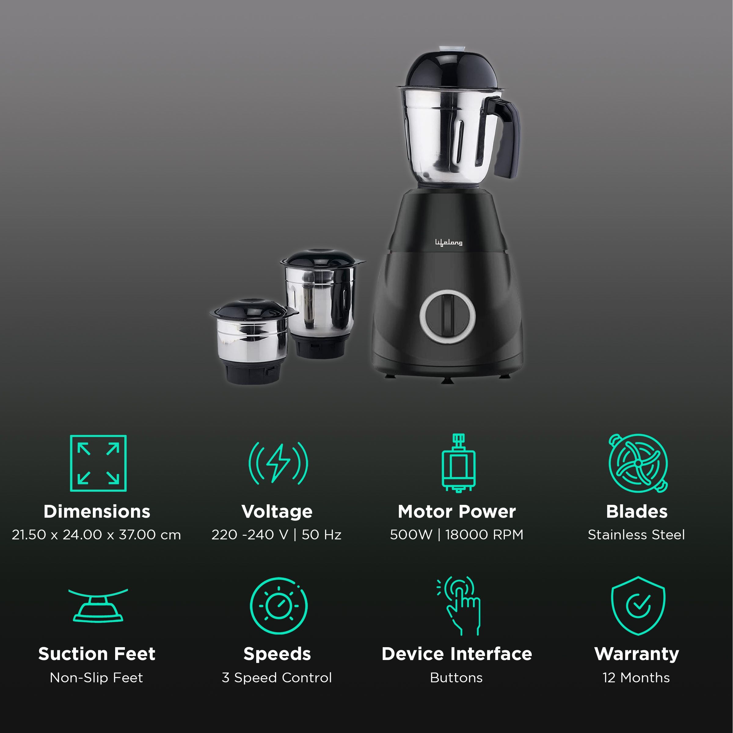 Lifelong Power Pro LX 500 Watt 3 Jars Mixer Grinder (18000 RPM, 3 Speed Control with Incher, Black)_2