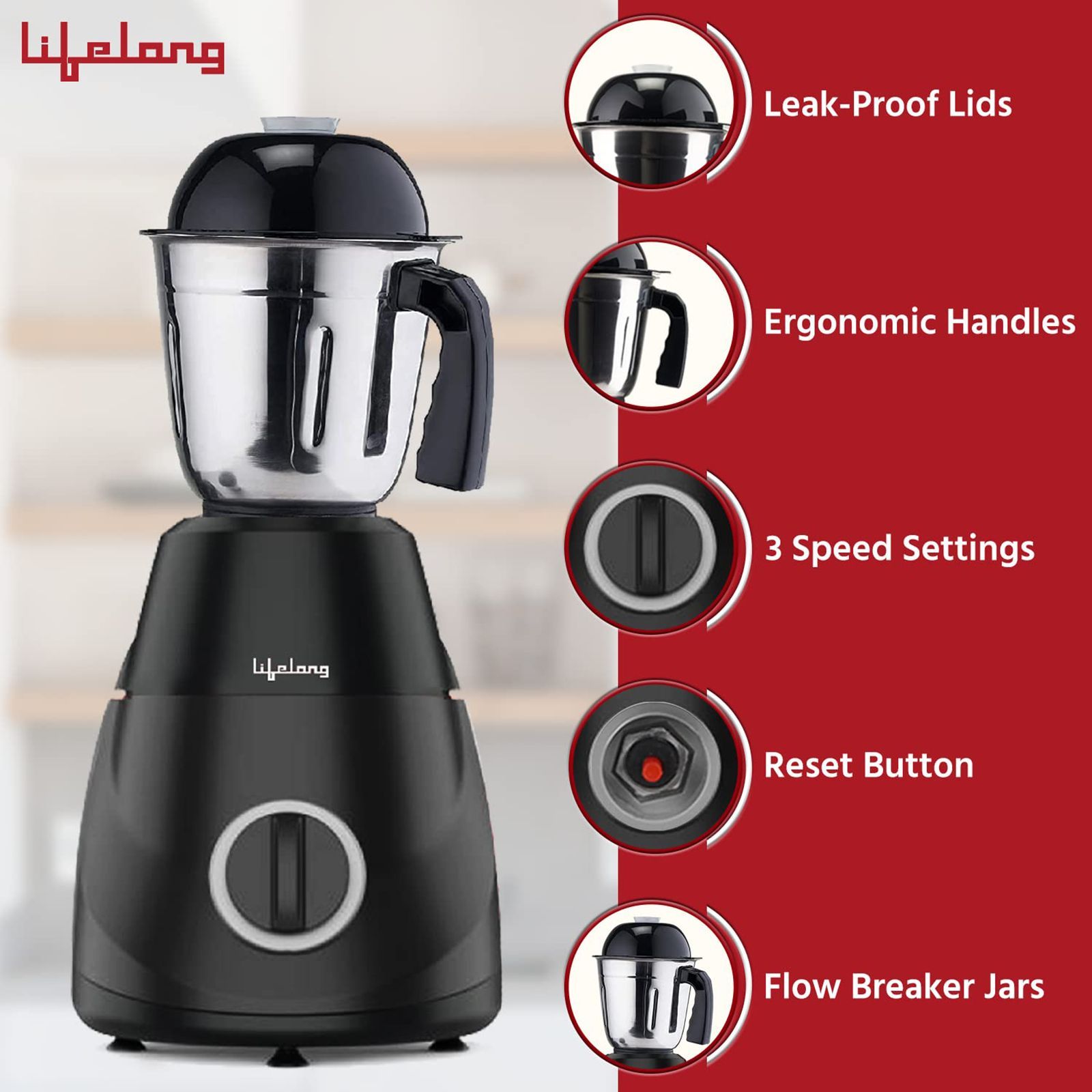 Lifelong Power Pro LX 500 Watt 3 Jars Mixer Grinder (18000 RPM, 3 Speed Control with Incher, Black)_5
