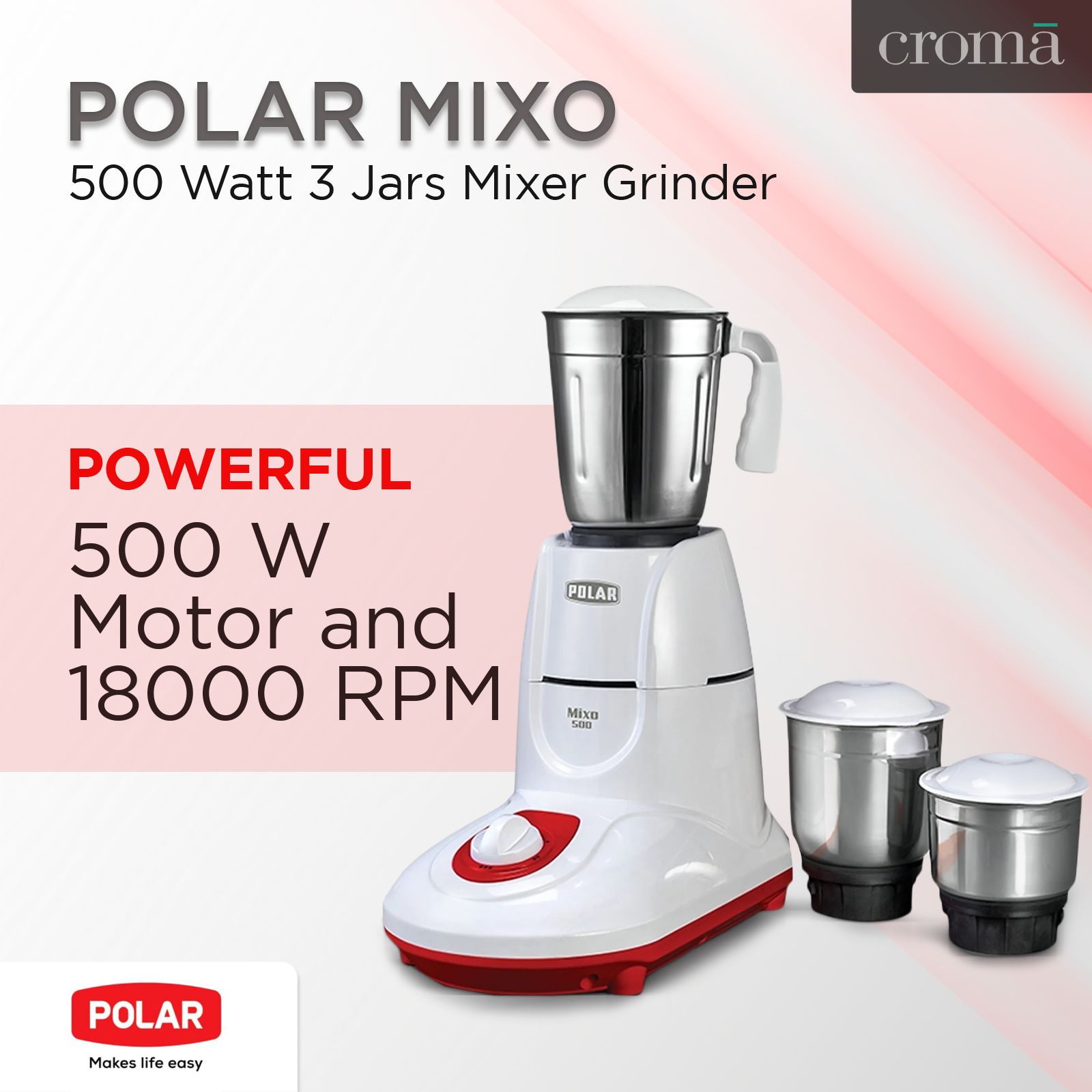 POLAR MIXO 500 Watt 3 Jars Mixer Grinder (Shock Proof Body, White)_9