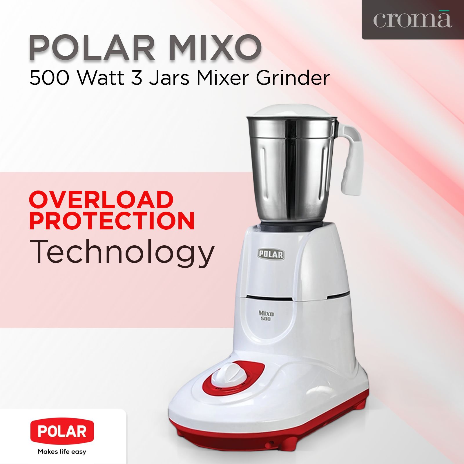 POLAR MIXO 500 Watt 3 Jars Mixer Grinder (Shock Proof Body, White)_10