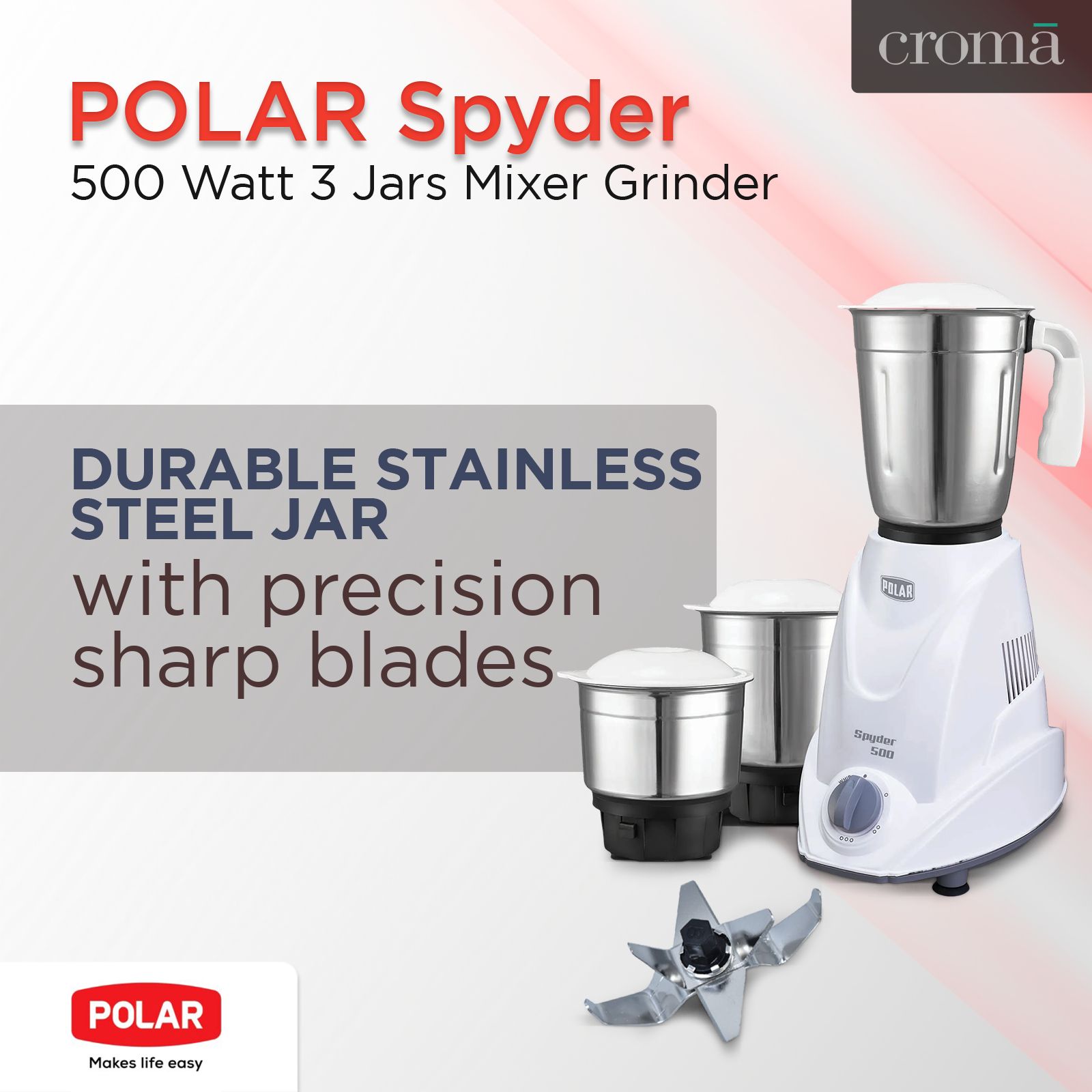 POLAR Spyder 500 Watt 3 Jars Mixer Grinder (Auto Shut Off Protection, White) POLAR Spyder 500 Watt 3 Jars Mixer Grinder (Auto Shut Off Protection, White)_8