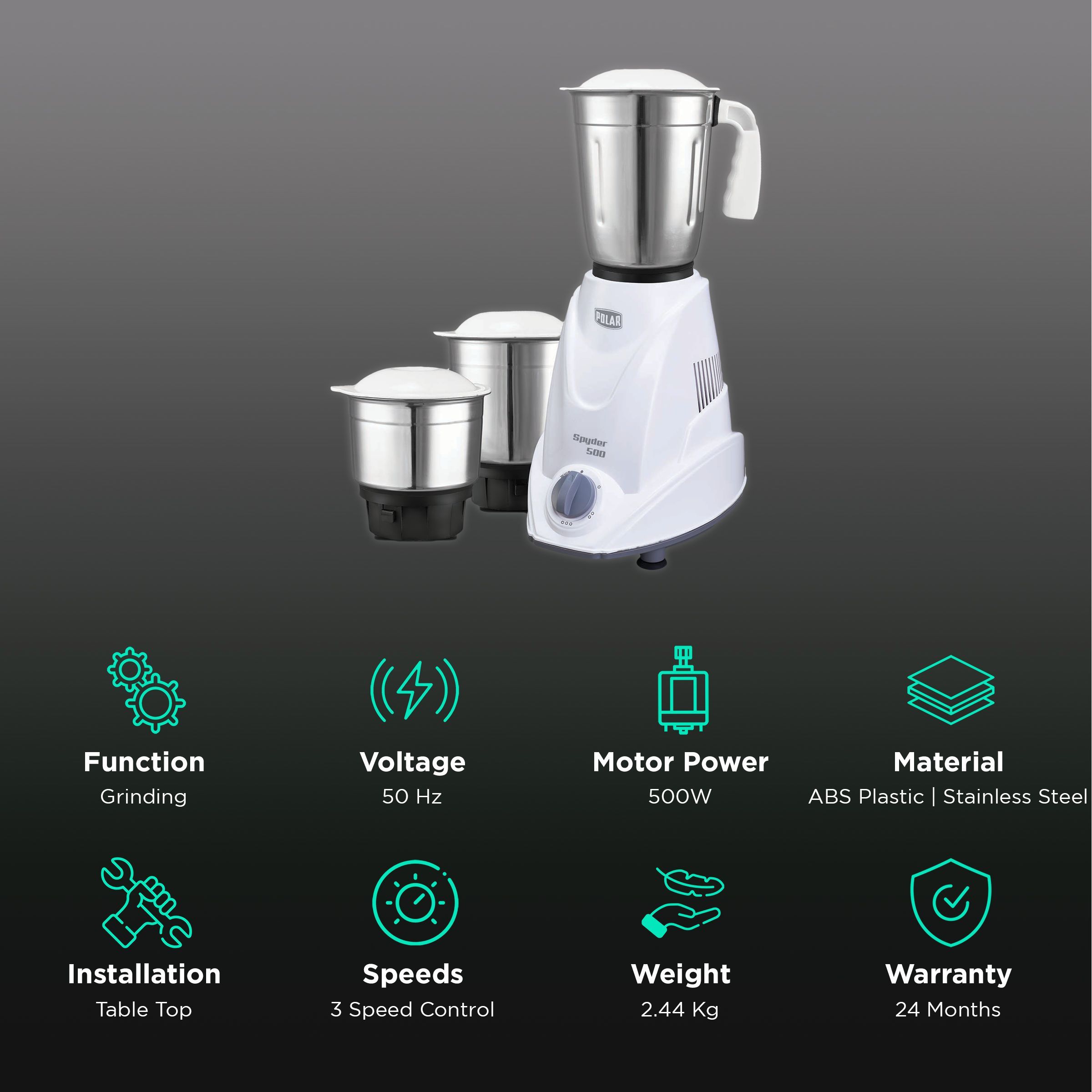 POLAR Spyder 500 Watt 3 Jars Mixer Grinder (Auto Shut Off Protection, White) POLAR Spyder 500 Watt 3 Jars Mixer Grinder (Auto Shut Off Protection, White)_2