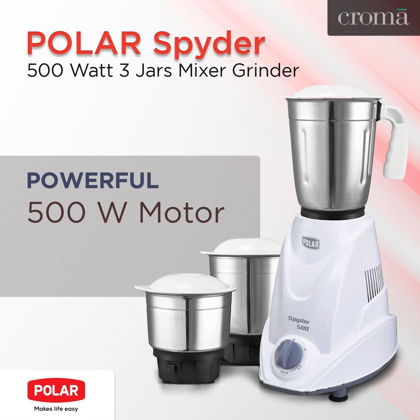 POLAR Spyder 500 Watt 3 Jars Mixer Grinder (Auto Shut Off Protection, White) POLAR Spyder 500 Watt 3 Jars Mixer Grinder (Auto Shut Off Protection, White)_4
