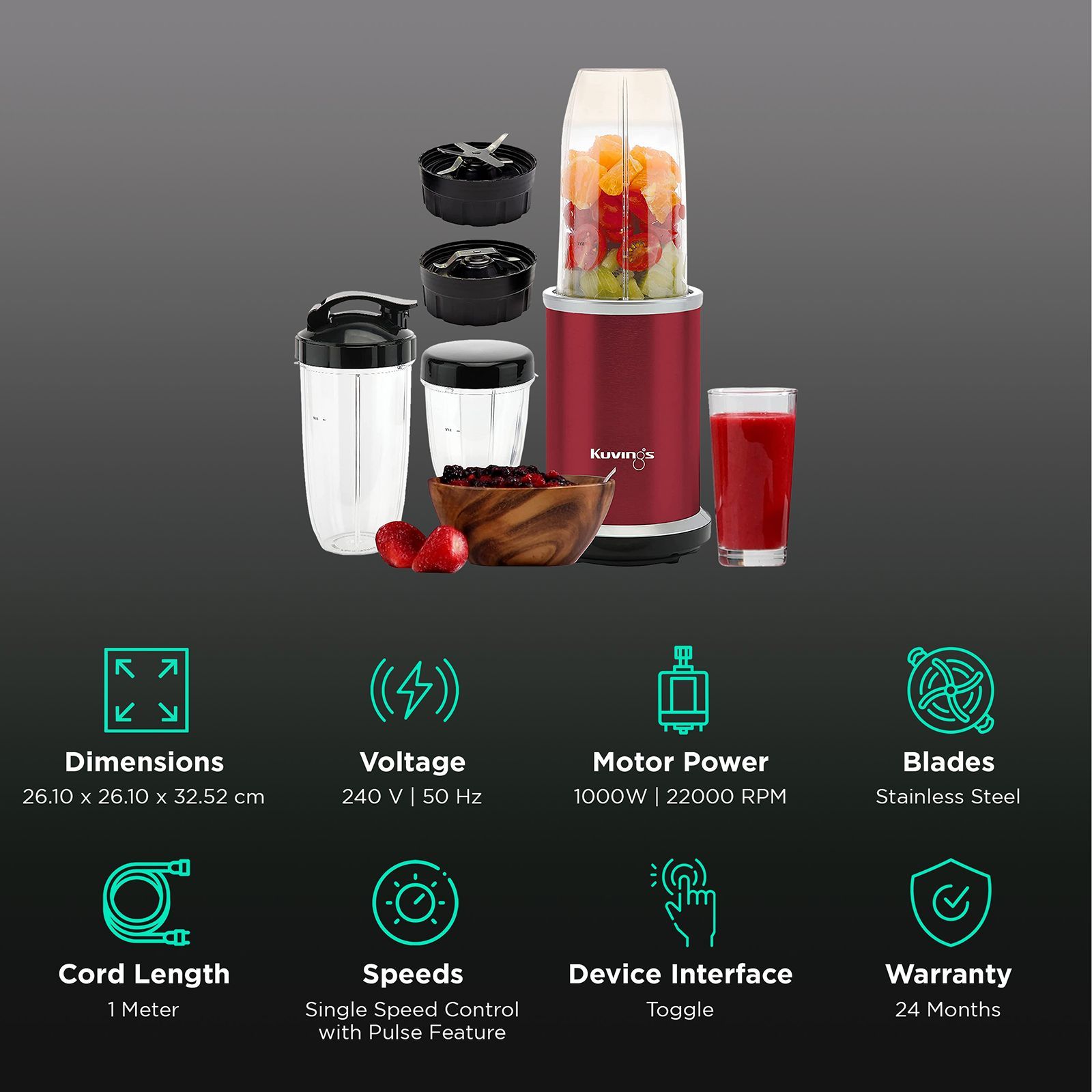 Kuvings Nutri Pro 1000 Watt 2 Jars Blender (22000 RPM, Super Quiet Motor, Ferrari Red)_2