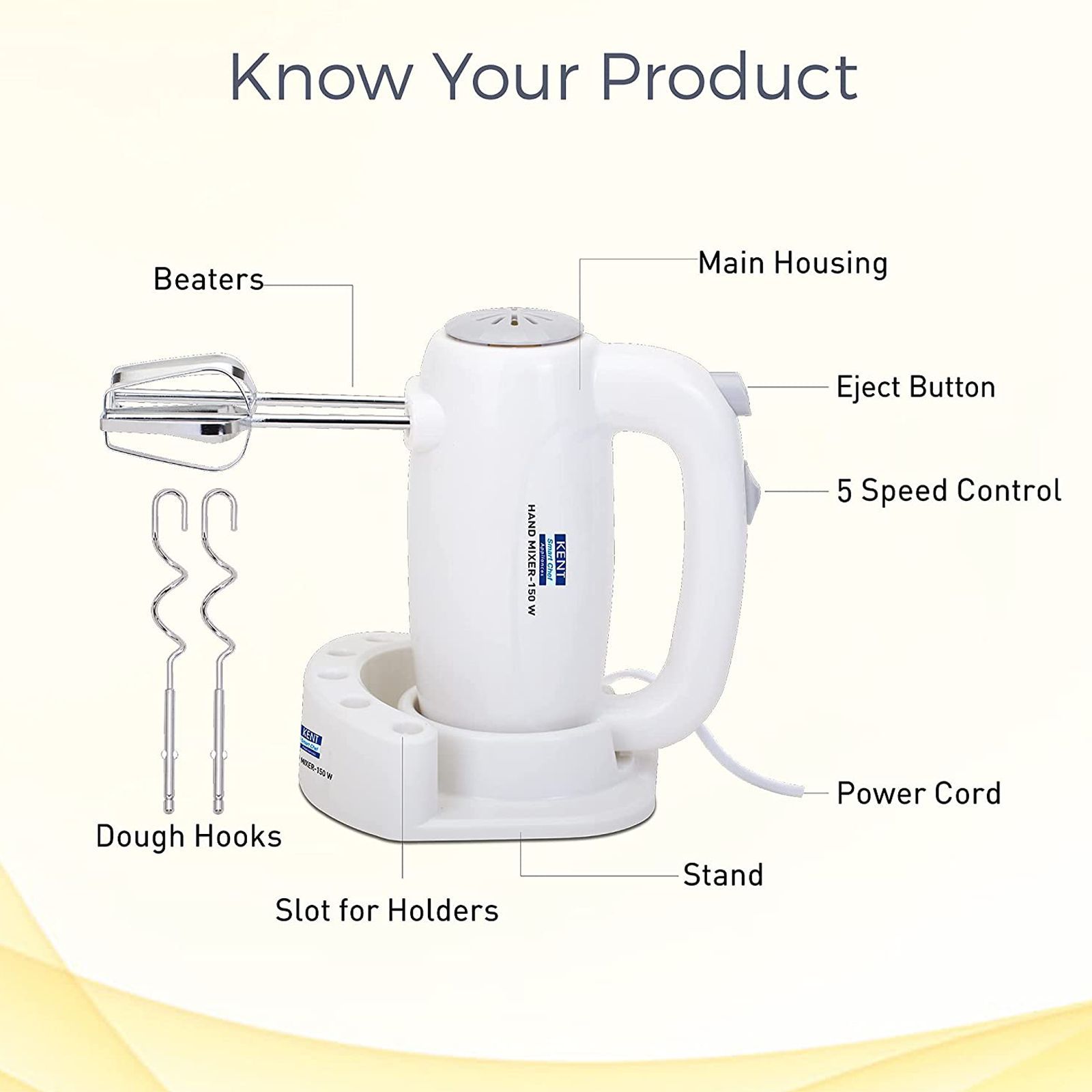 KENT 150 Watt 5 Speed Hand Blender with 4 Attachments (Overload Protection, White)_8