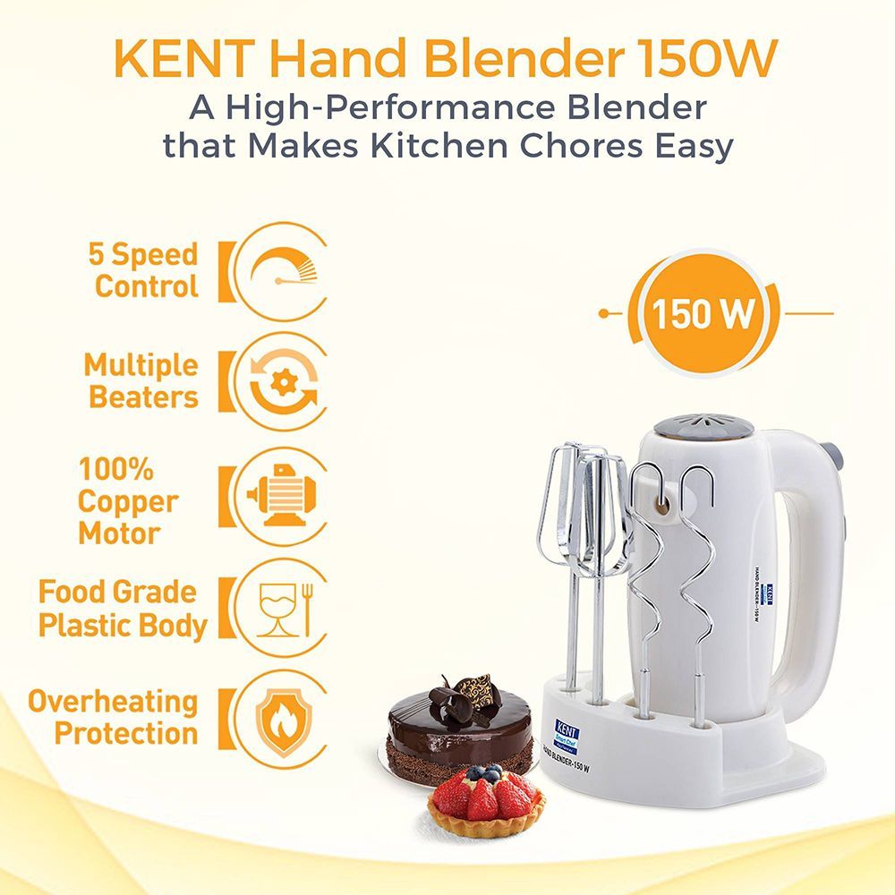 KENT 150 Watt 5 Speed Hand Blender with 4 Attachments (Overload Protection, White)_10