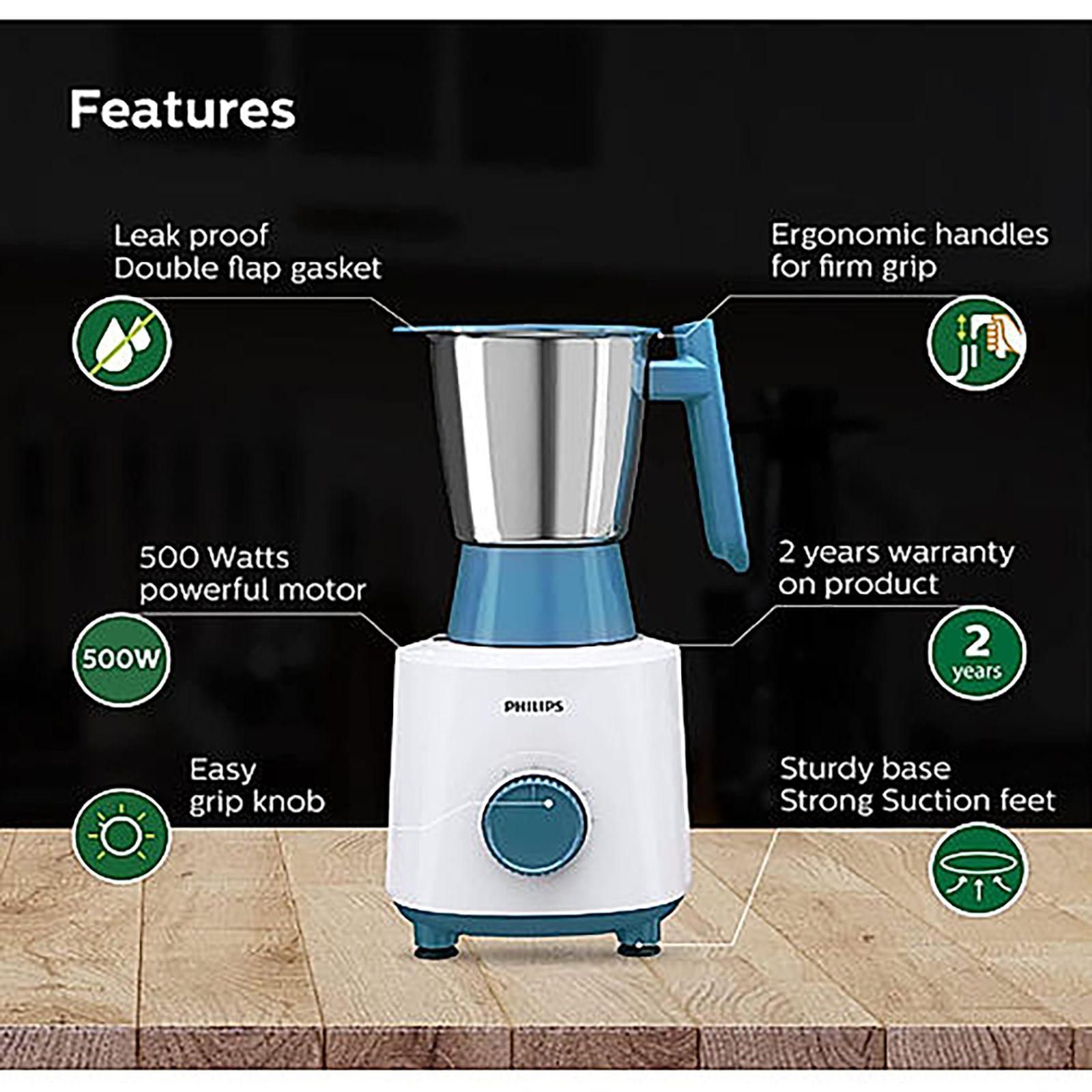 PHILIPS 500 Watt 3 Jars Mixer Grinder (3 Speed Control with Pulse Function, White & Blue) PHILIPS 500 Watt 3 Jars Mixer Grinder (3 Speed Control with Pulse Function, White & Blue)_8