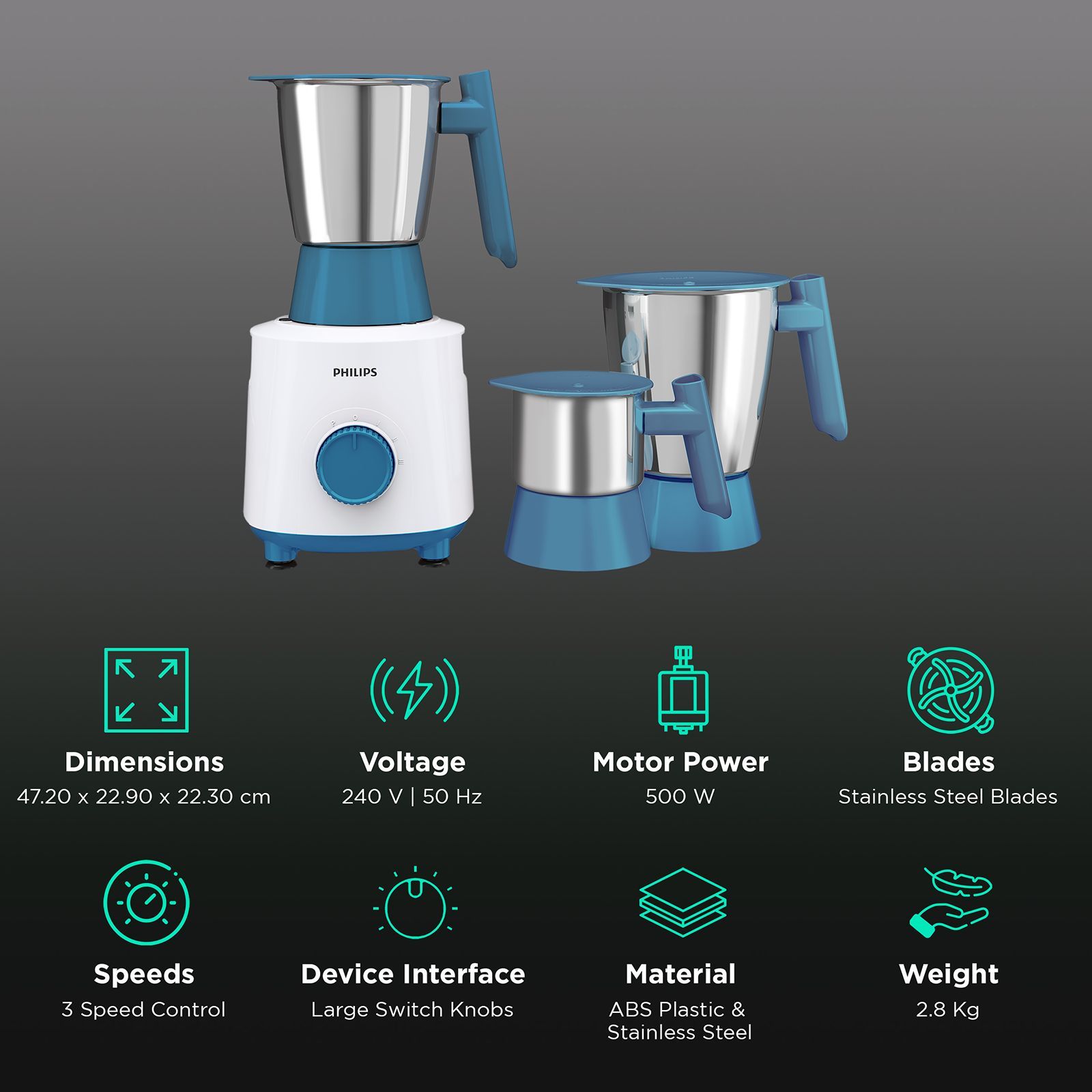 PHILIPS 500 Watt 3 Jars Mixer Grinder (3 Speed Control with Pulse Function, White & Blue) PHILIPS 500 Watt 3 Jars Mixer Grinder (3 Speed Control with Pulse Function, White & Blue)_2
