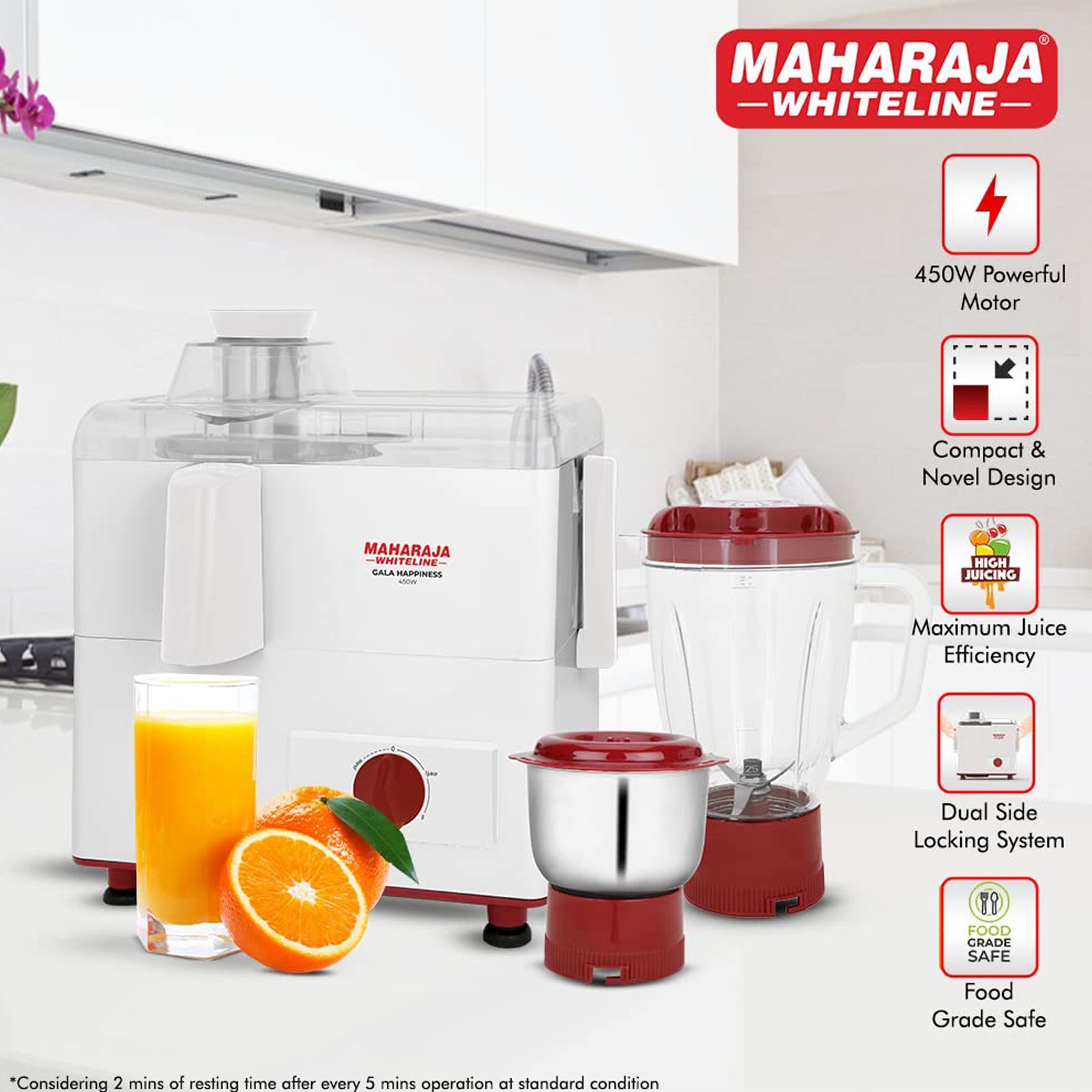MAHARAJA WHITELINE Gala Happiness 450 Watt 2 Jars Juicer Mixer Grinder (Overload Protection, White/Cherry Red)_3