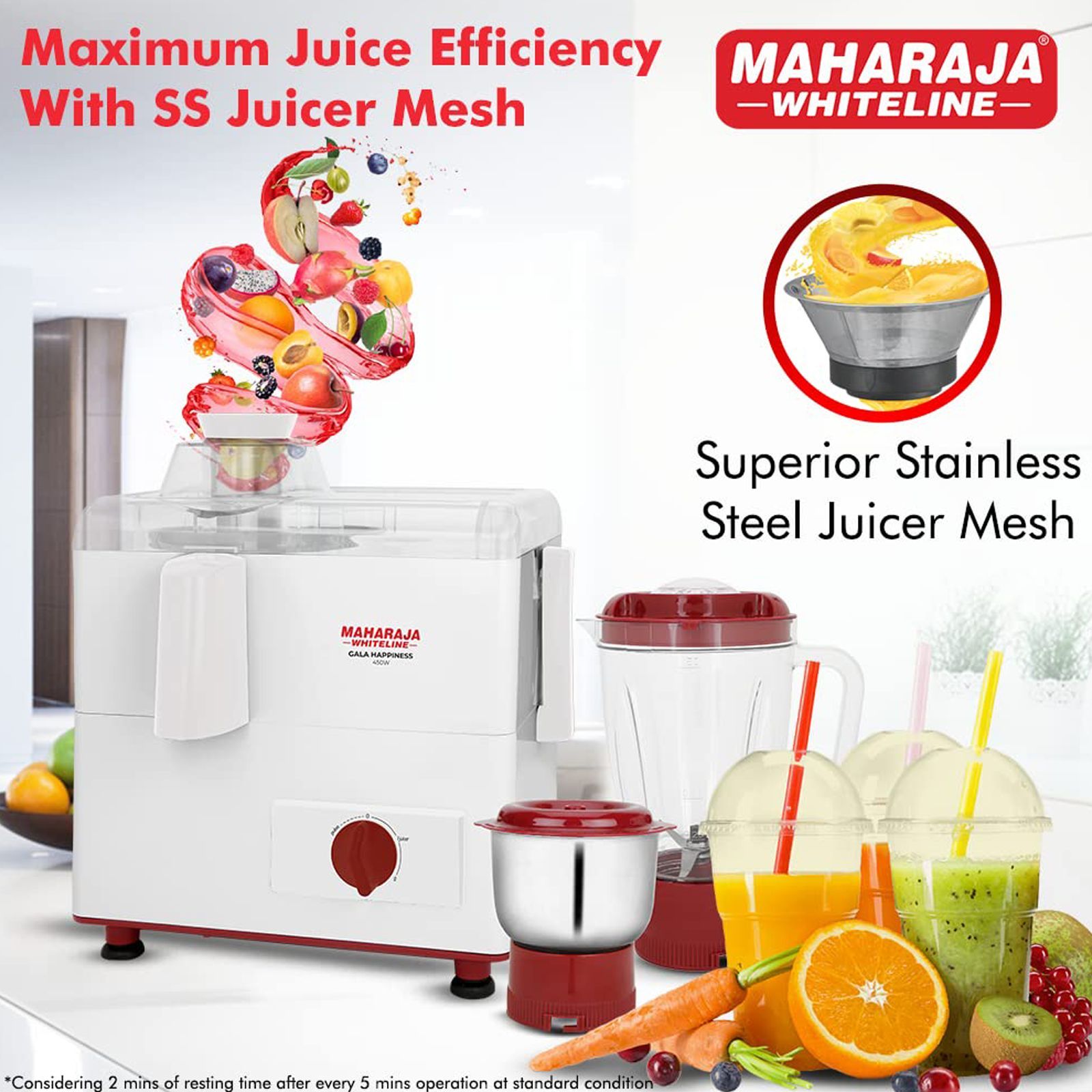 MAHARAJA WHITELINE Gala Happiness 450 Watt 2 Jars Juicer Mixer Grinder (Overload Protection, White/Cherry Red)_4