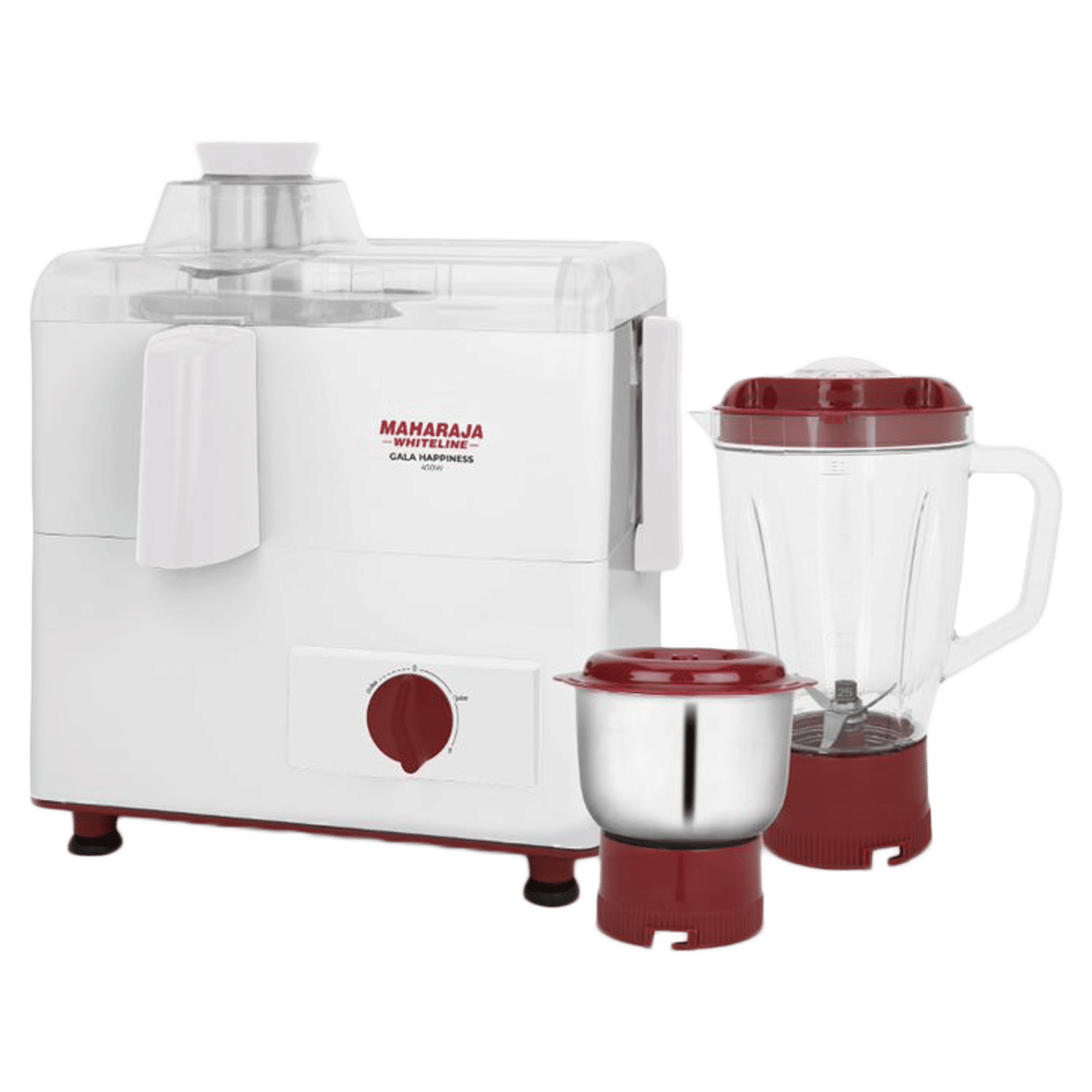 MAHARAJA WHITELINE Gala Happiness 450 Watt 2 Jars Juicer Mixer Grinder (Overload Protection, White/Cherry Red)_1
