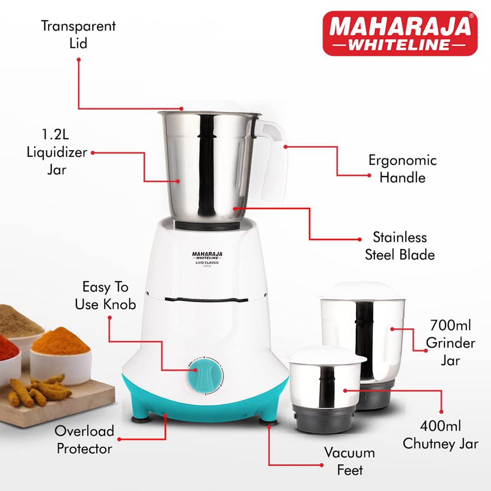 MAHARAJA WHITELINE Livo Classic 500 Watt 3 Jars Mixer Grinder (20000 RPM, Overload Protection, White/Turquoise Blue)_2