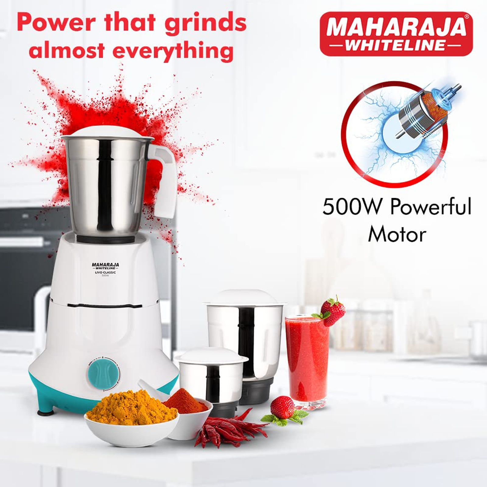 MAHARAJA WHITELINE Livo Classic 500 Watt 3 Jars Mixer Grinder (20000 RPM, Overload Protection, White/Turquoise Blue)_3
