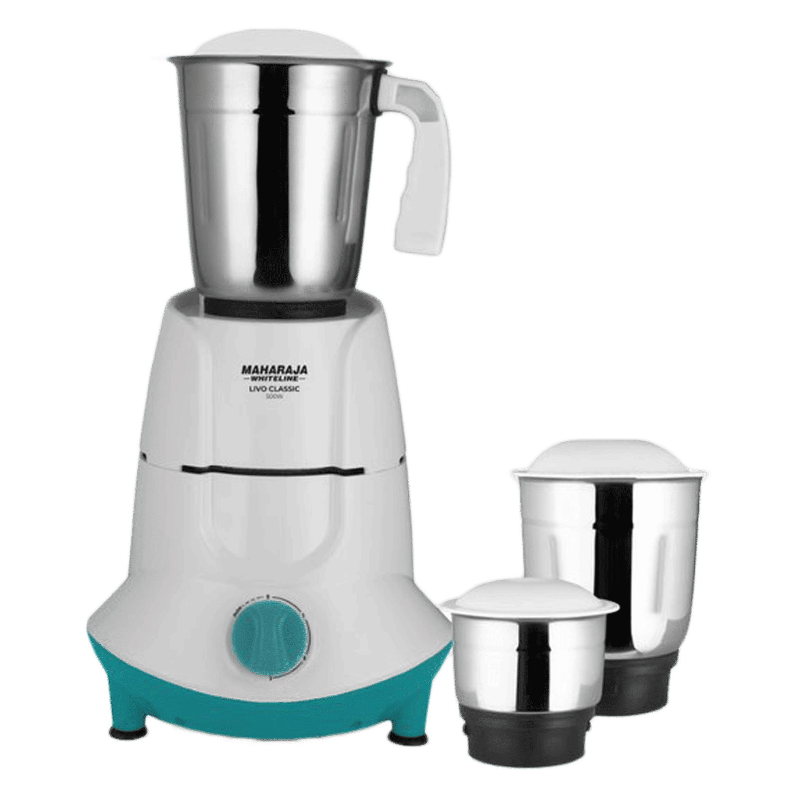 MAHARAJA WHITELINE Livo Classic 500 Watt 3 Jars Mixer Grinder (20000 RPM, Overload Protection, White/Turquoise Blue)_1