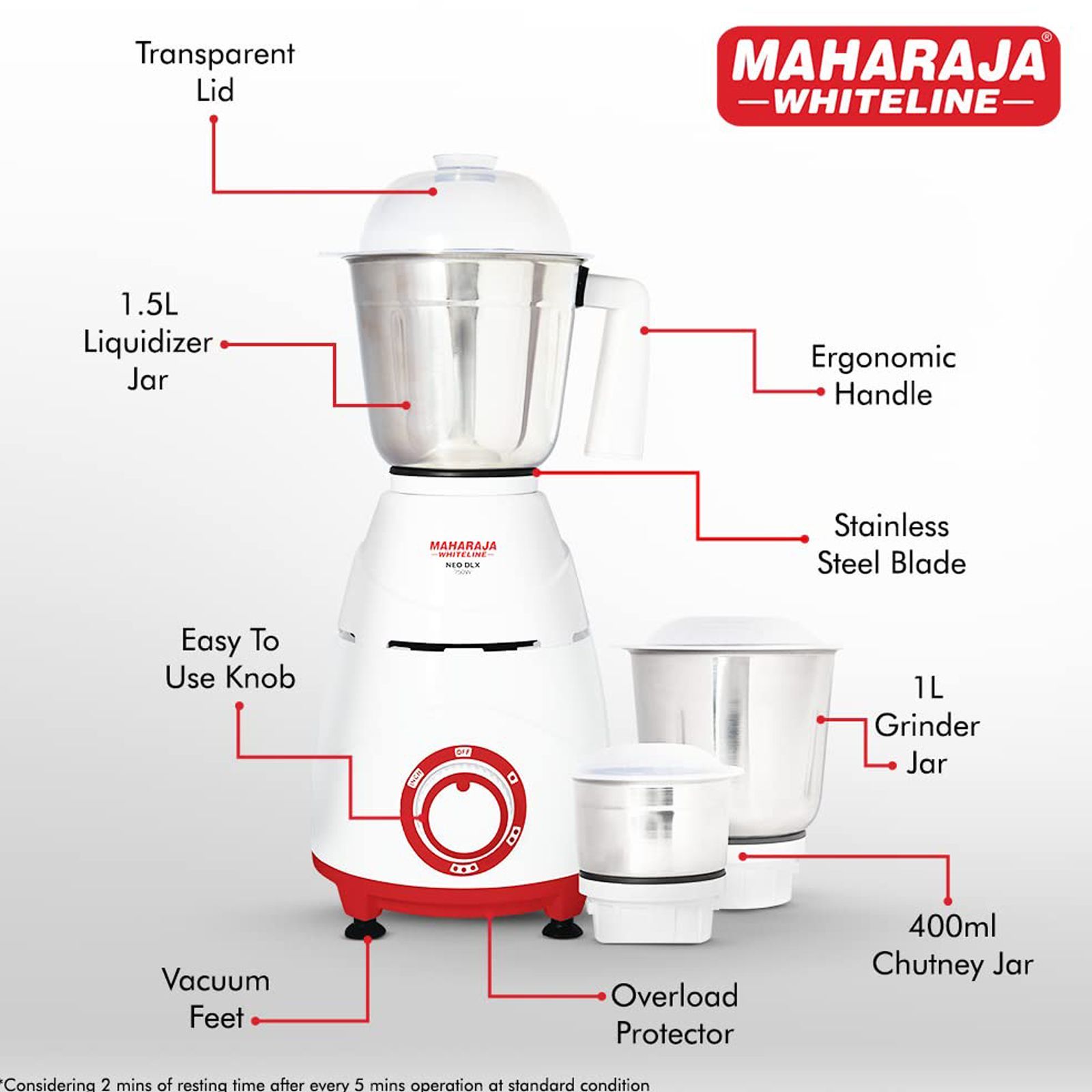MAHARAJA WHITELINE Neo DLX 750 Watt 3 Jars Mixer Grinder (20000 RPM, 3 Speed Control with Pulse Function, White/Cherry Red) MAHARAJA WHITELINE Neo DLX 750 Watt 3 Jars Mixer Grinder (20000 RPM, 3 Speed Control with Pulse Function, White/Cherry Red)_2