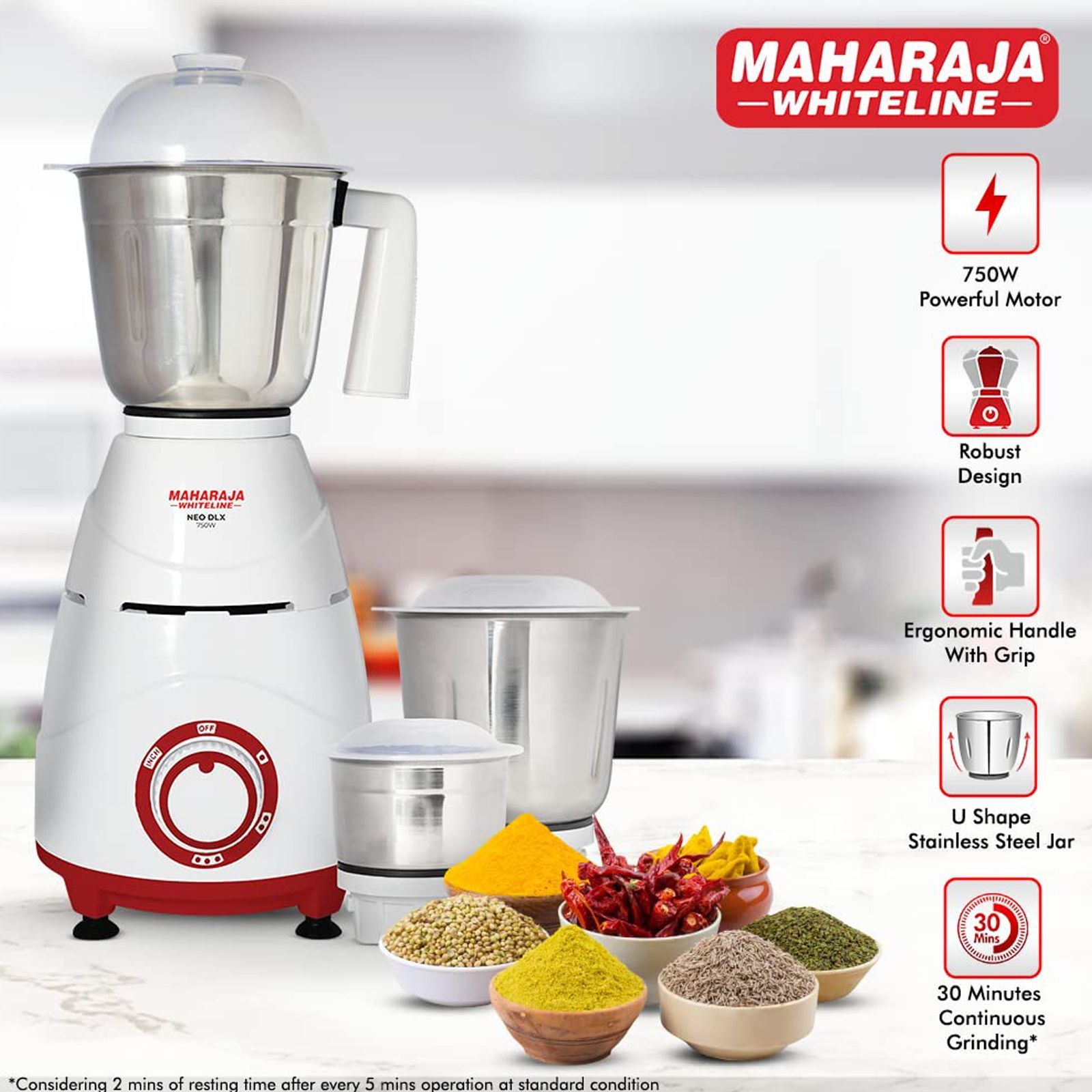 MAHARAJA WHITELINE Neo DLX 750 Watt 3 Jars Mixer Grinder (20000 RPM, 3 Speed Control with Pulse Function, White/Cherry Red) MAHARAJA WHITELINE Neo DLX 750 Watt 3 Jars Mixer Grinder (20000 RPM, 3 Speed Control with Pulse Function, White/Cherry Red)_3