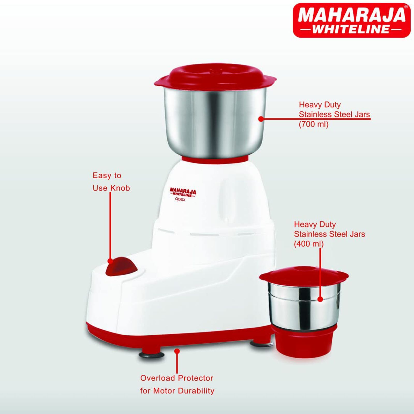 MAHARAJA WHITELINE Apex 500 Watt 2 Jars Mixer Grinder (20000 RPM, 3 Speed Control with Pulse Function, White/Red)_2