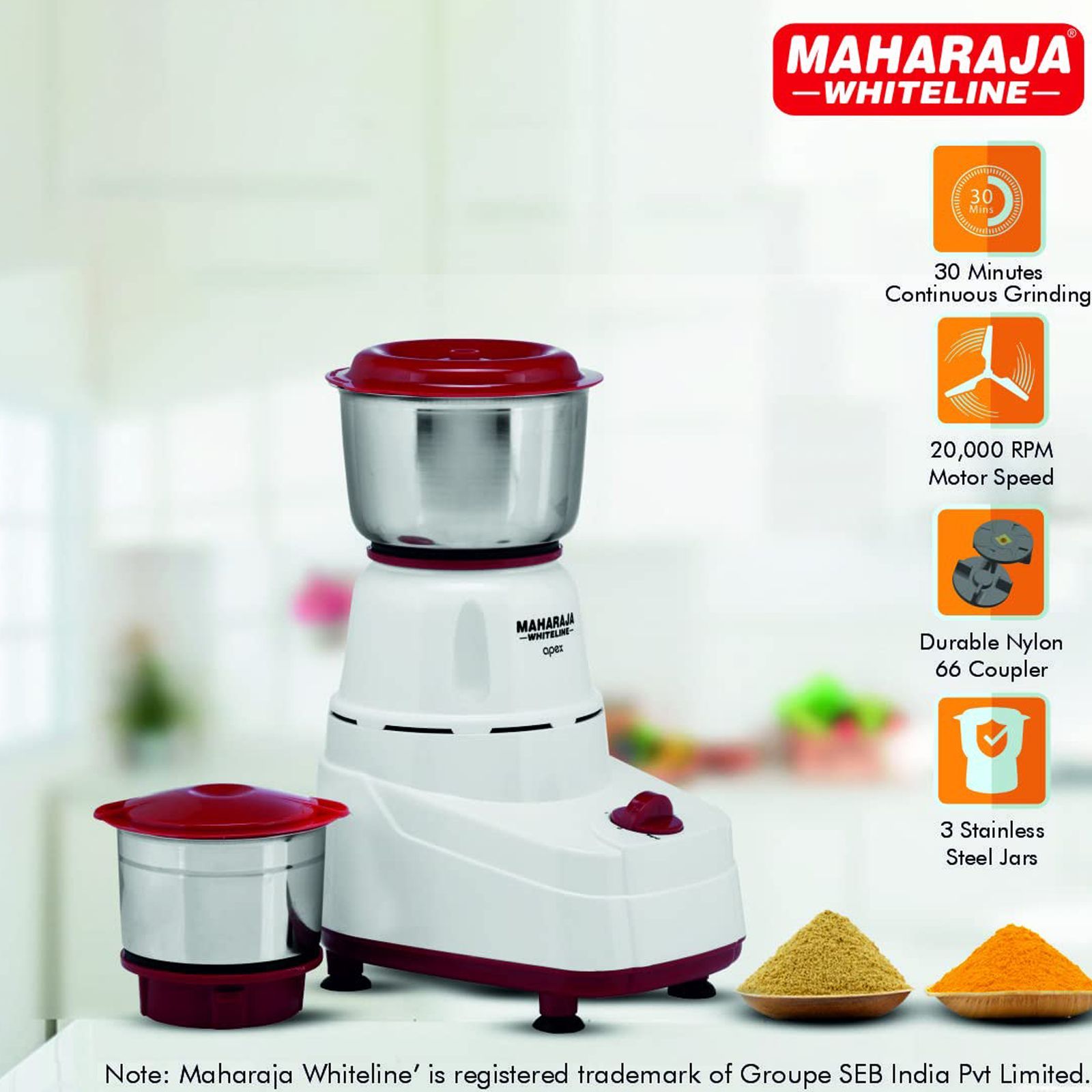 MAHARAJA WHITELINE Apex 500 Watt 2 Jars Mixer Grinder (20000 RPM, 3 Speed Control with Pulse Function, White/Red)_3