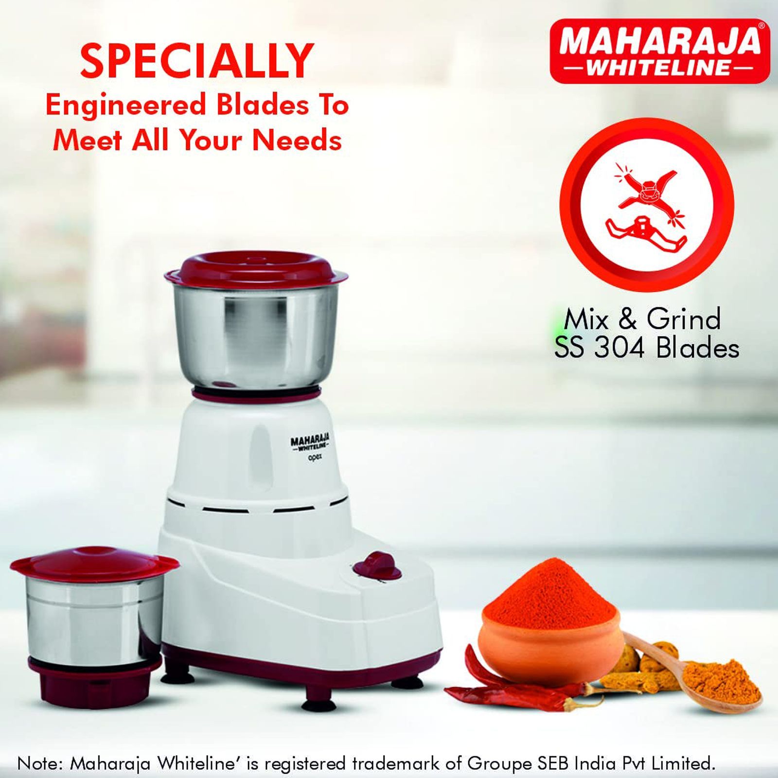 MAHARAJA WHITELINE Apex 500 Watt 2 Jars Mixer Grinder (20000 RPM, 3 Speed Control with Pulse Function, White/Red)_4