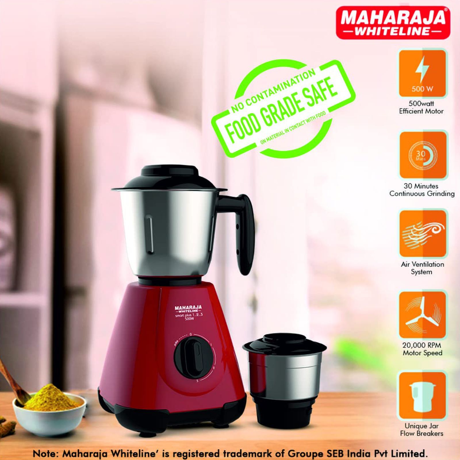 MAHARAJA WHITELINE Smart Plus 1..2..3 500 Watt 2 Jars Mixer Grinder (20000 RPM, 5-in-1 Chutney Blades, Cherry Red/Black)_2