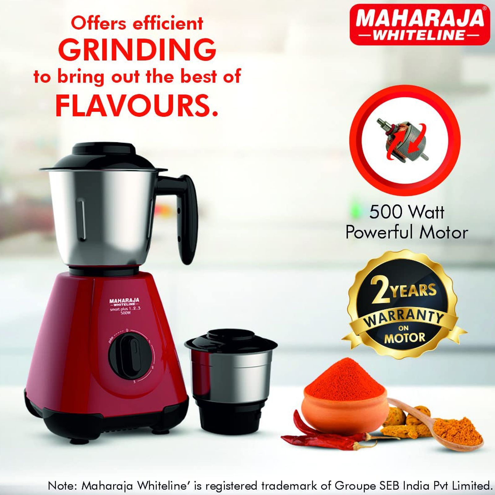 MAHARAJA WHITELINE Smart Plus 1..2..3 500 Watt 2 Jars Mixer Grinder (20000 RPM, 5-in-1 Chutney Blades, Cherry Red/Black)_3