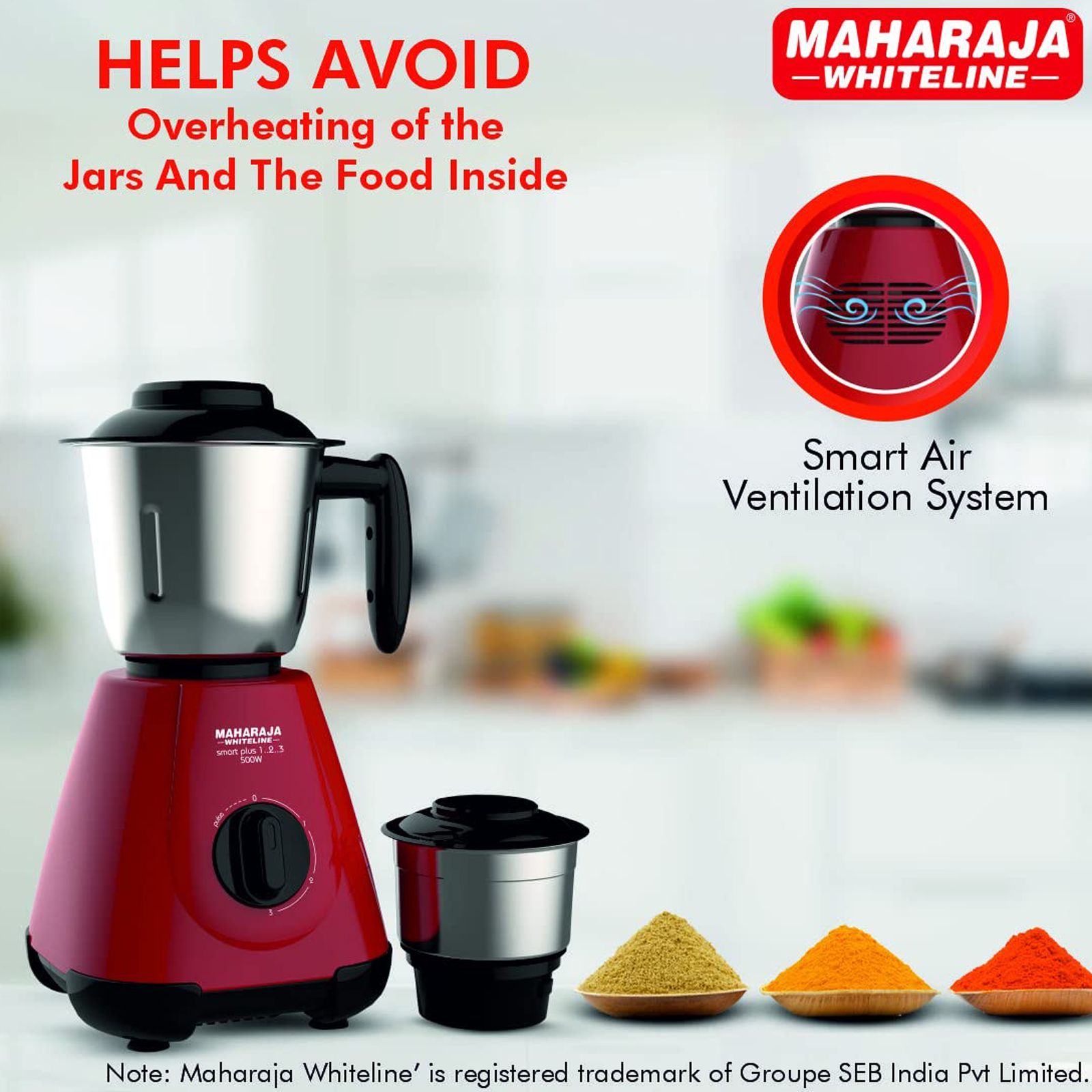 MAHARAJA WHITELINE Smart Plus 1..2..3 500 Watt 2 Jars Mixer Grinder (20000 RPM, 5-in-1 Chutney Blades, Cherry Red/Black)_4