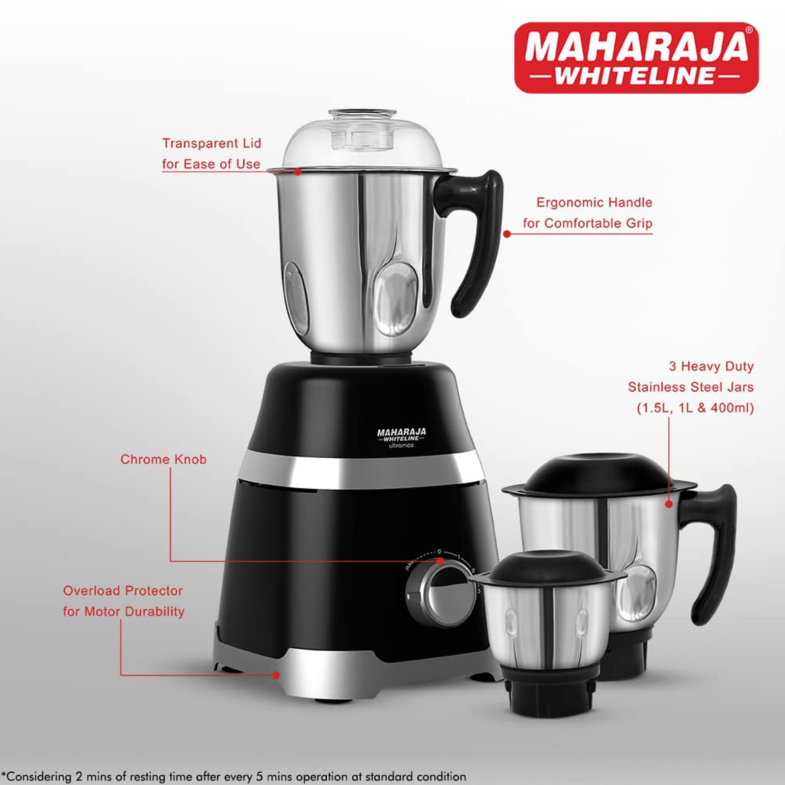 MAHARAJA WHITELINE Ultramax DLX 750 Watt 3 Jars Mixer Grinder (20000 RPM, 5-in-1 Chutney Blades, Black)_2