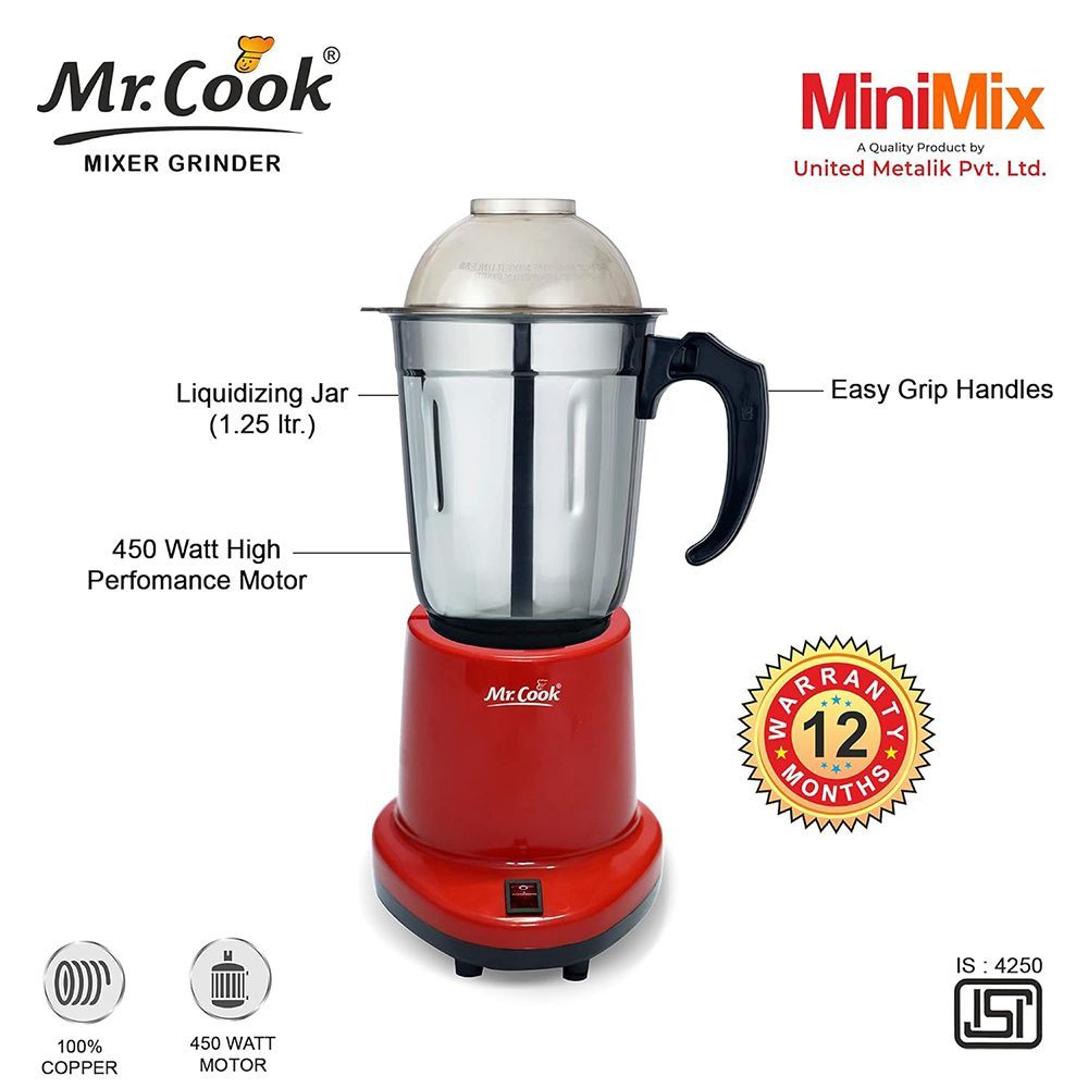 MR COOK Minimix 450 Watt 1 Jar Mixer Grinder (Shock Proof Body, Red) MR COOK Minimix 450 Watt 1 Jar Mixer Grinder (Shock Proof Body, Red)_10
