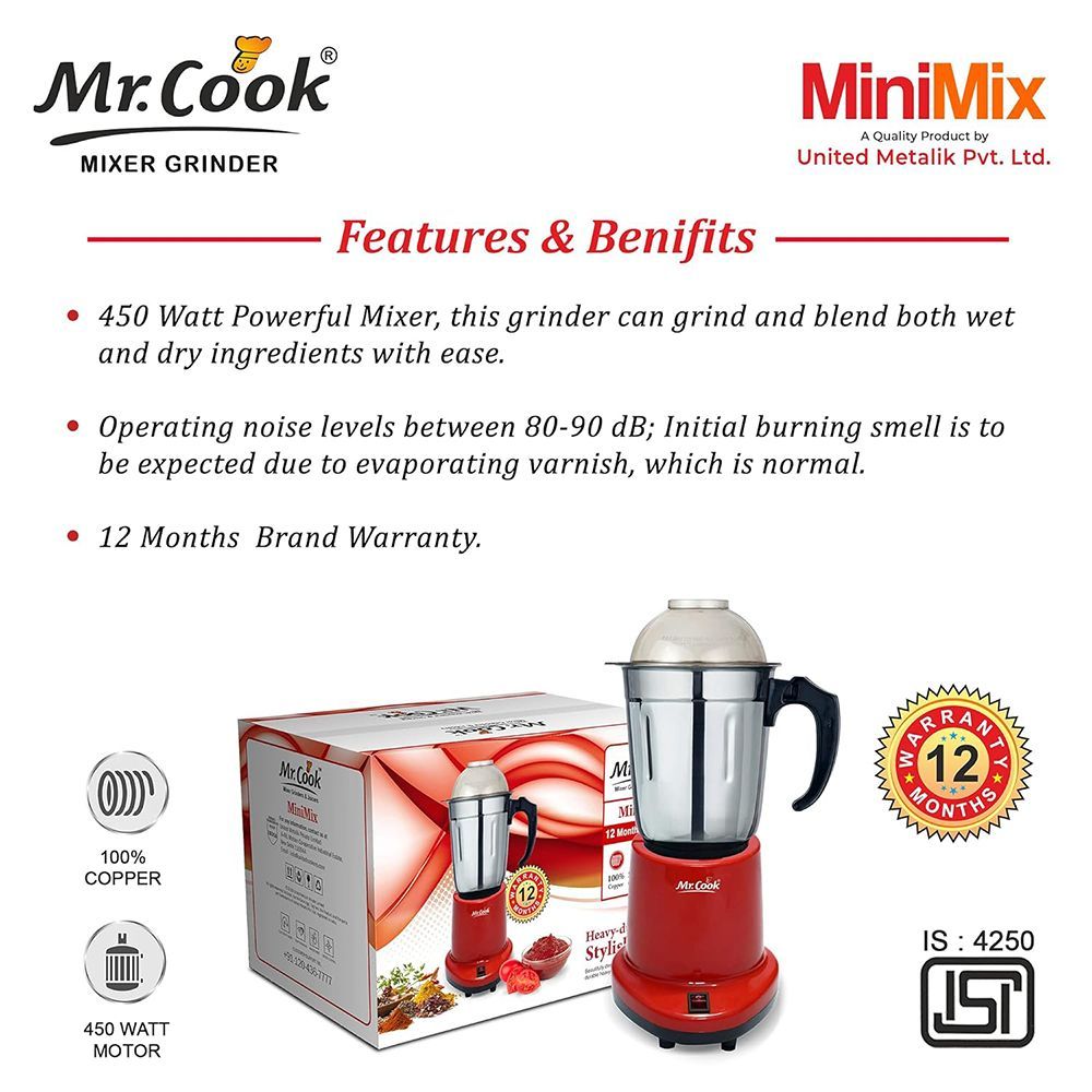 MR COOK Minimix 450 Watt 1 Jar Mixer Grinder (Shock Proof Body, Red) MR COOK Minimix 450 Watt 1 Jar Mixer Grinder (Shock Proof Body, Red)_12