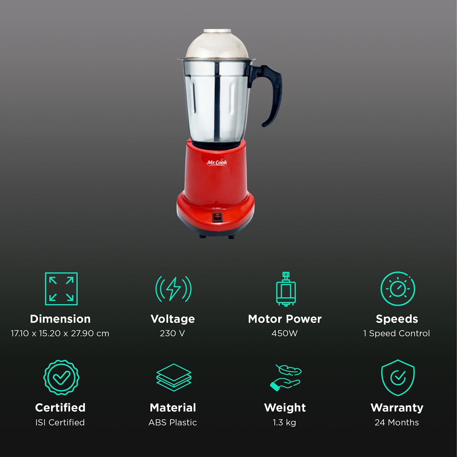 MR COOK Minimix 450 Watt 1 Jar Mixer Grinder (Shock Proof Body, Red) MR COOK Minimix 450 Watt 1 Jar Mixer Grinder (Shock Proof Body, Red)_2