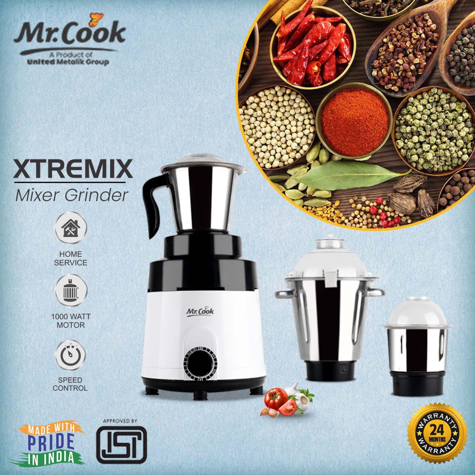 MR COOK Xtreme 1000 Watt 3 Jars Mixer Grinder (Heat Resistant Cool Touch Body, White & Black)_7