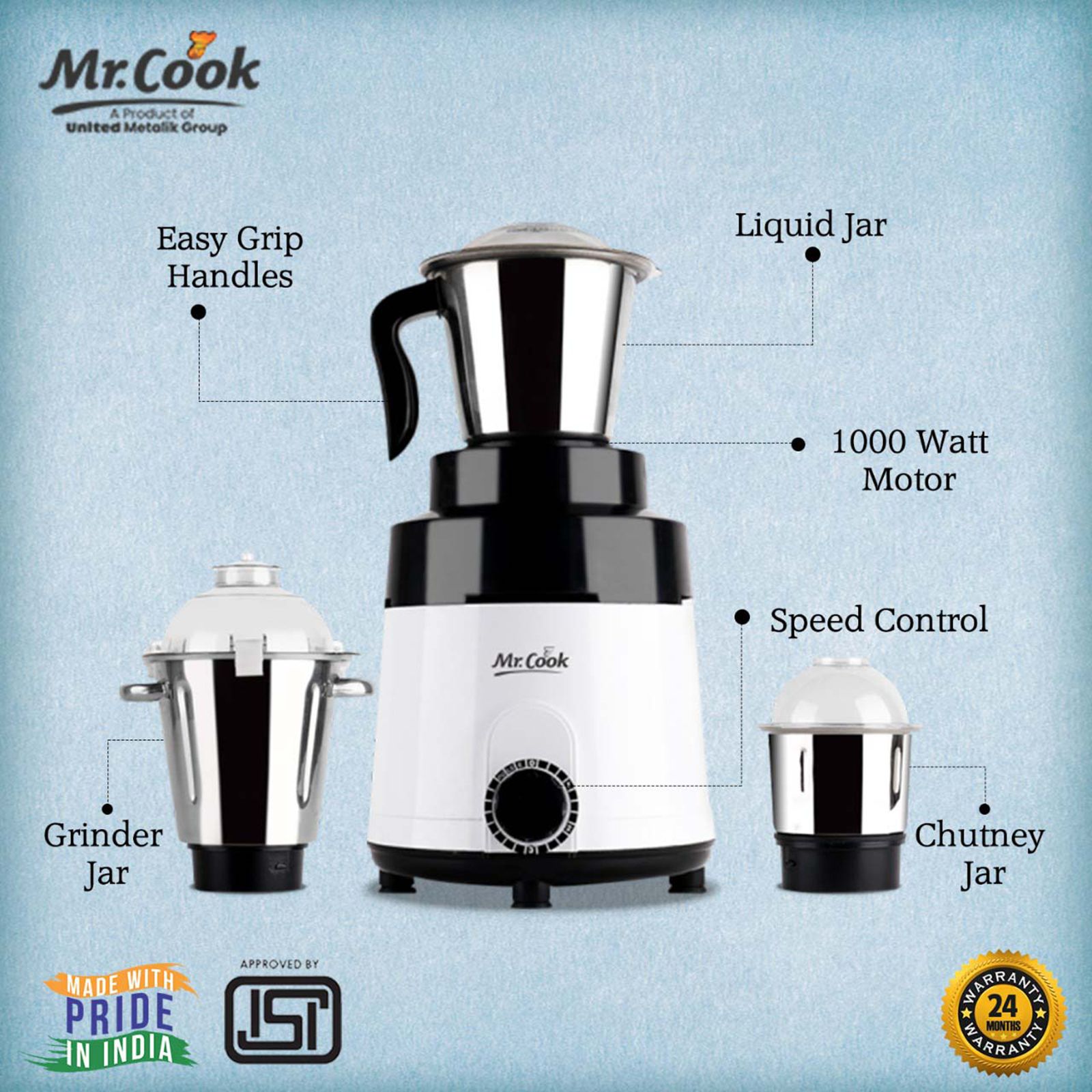 MR COOK Xtreme 1000 Watt 3 Jars Mixer Grinder (Heat Resistant Cool Touch Body, White & Black)_8