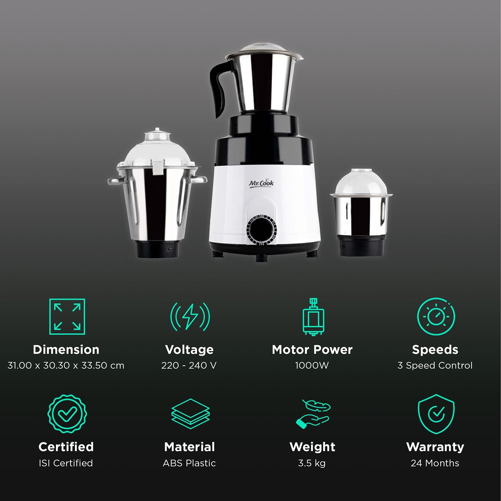 MR COOK Xtreme 1000 Watt 3 Jars Mixer Grinder (Heat Resistant Cool Touch Body, White & Black)_2
