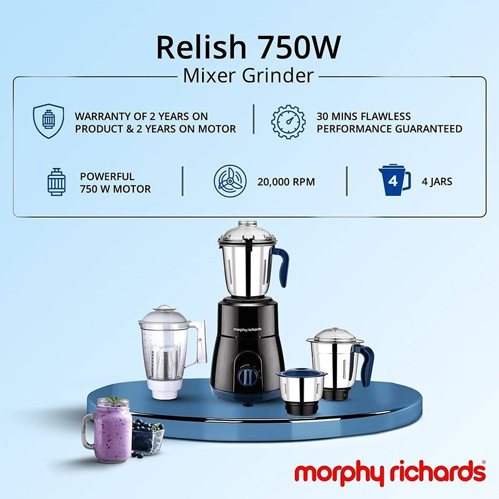 morphy richards Relish 750 Watt 4 Jars Mixer Grinder (20000 RPM, Overload Protection, Black & Blue)_16