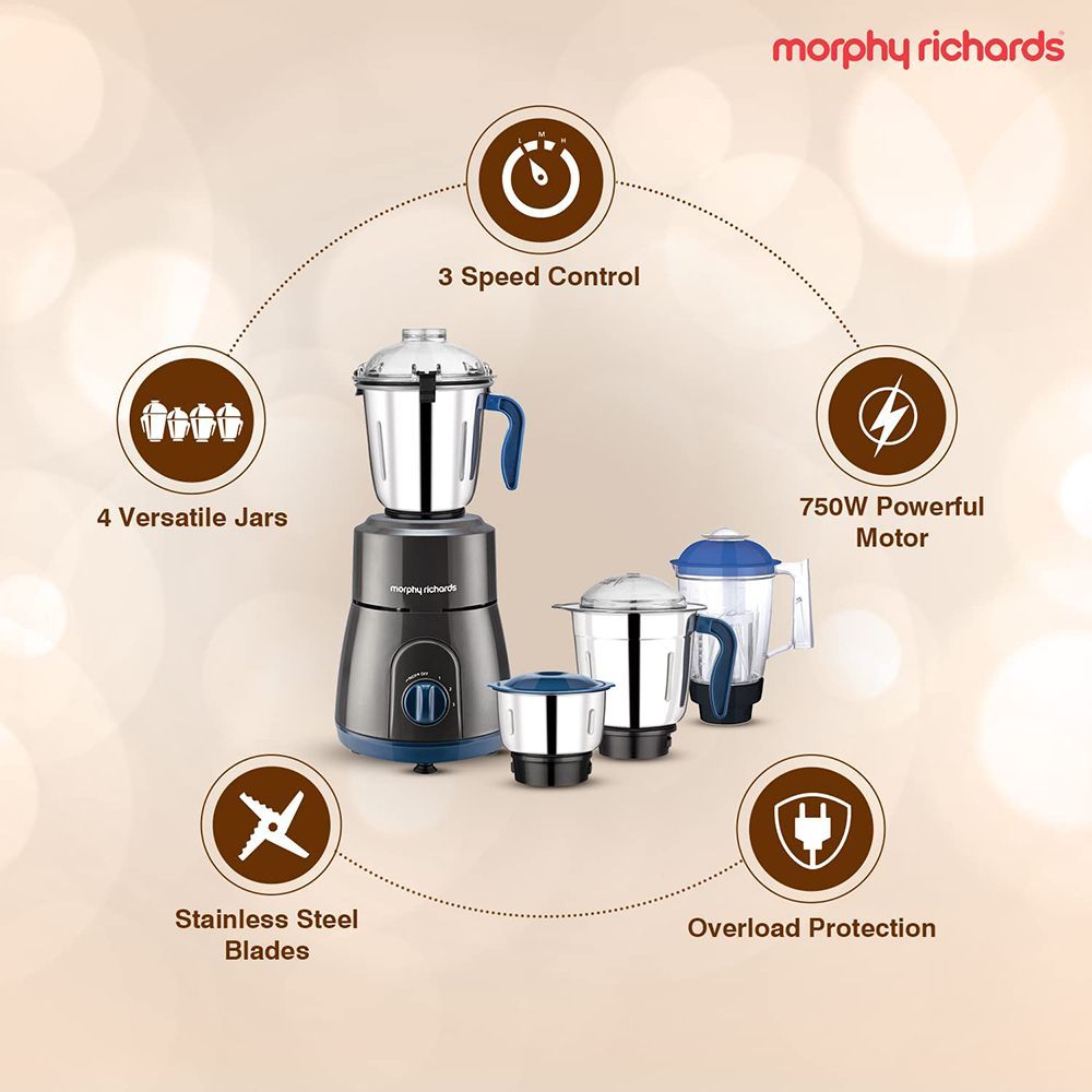 morphy richards Relish 750 Watt 4 Jars Mixer Grinder (20000 RPM, Overload Protection, Black & Blue)_17