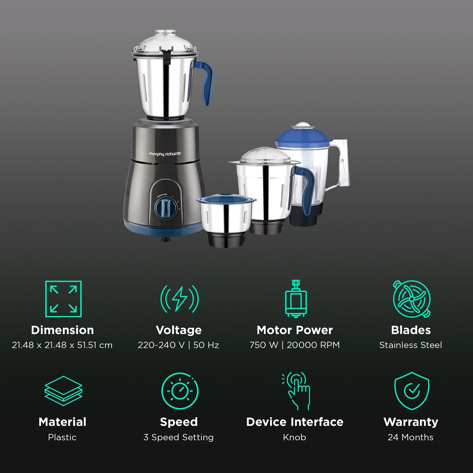 morphy richards Relish 750 Watt 4 Jars Mixer Grinder (20000 RPM, Overload Protection, Black & Blue)_2