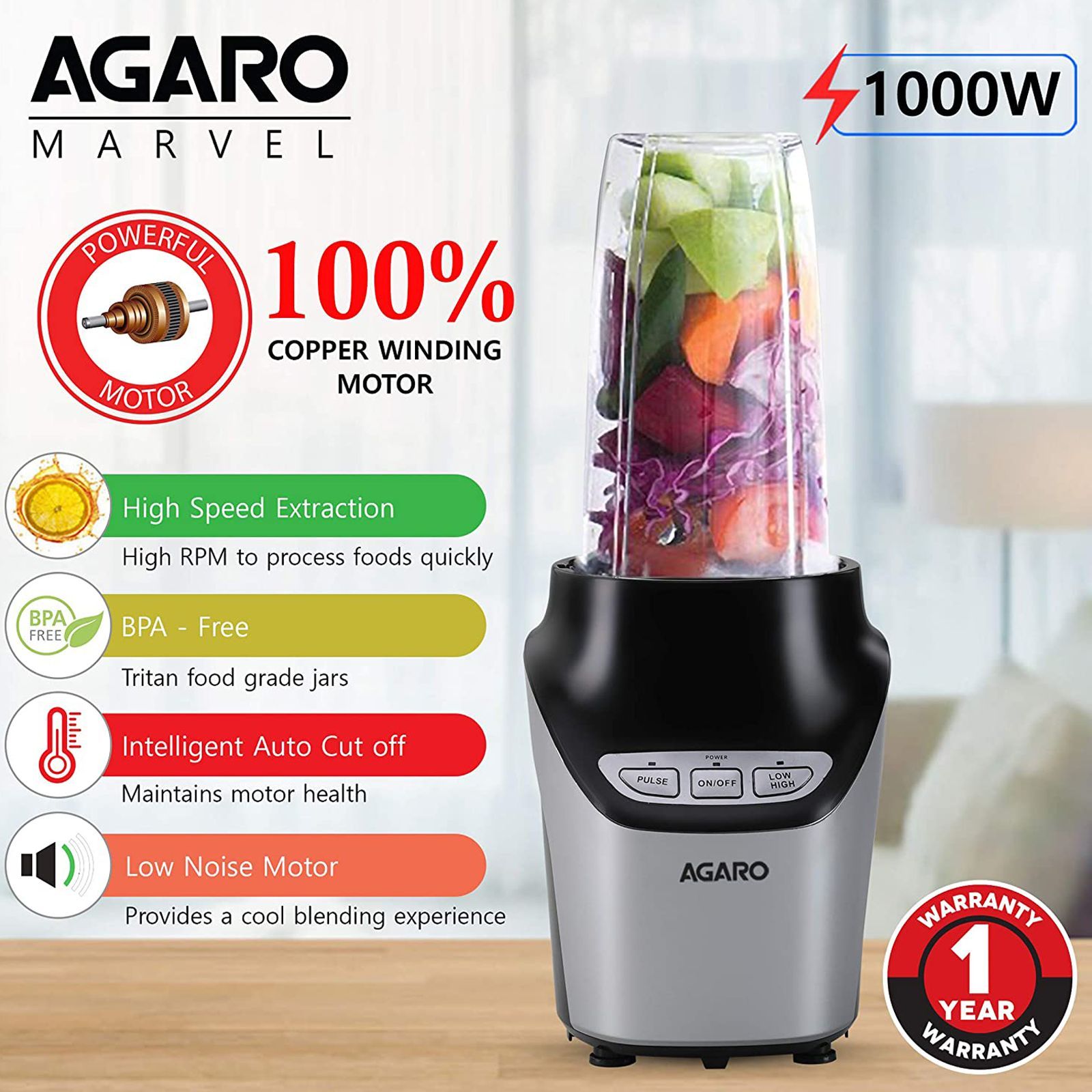 AGARO Marvel Nutri 1000 Watt 2 Jars Blender (21000 RPM, 2 Speed Control with Pulse Function, Black)_4
