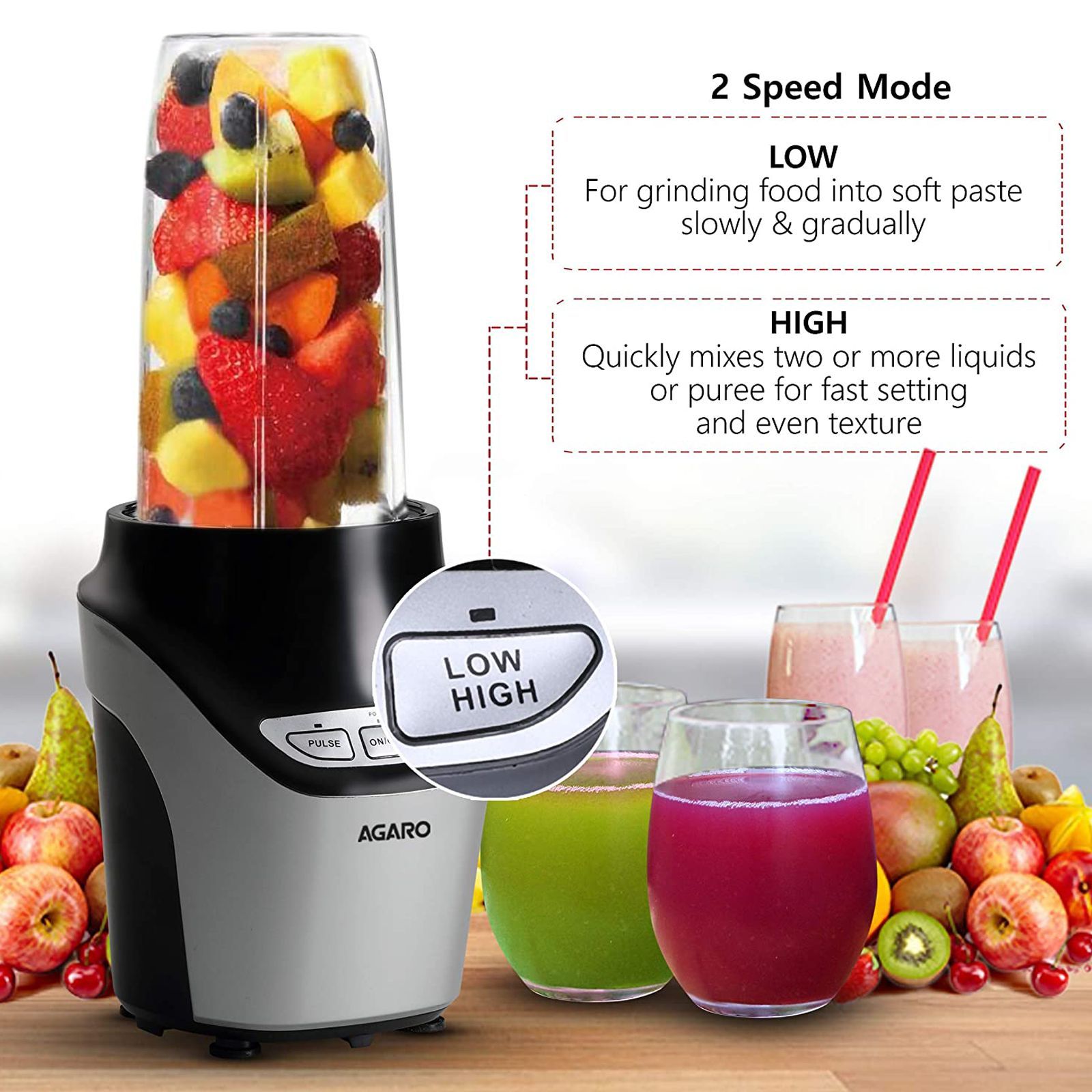 AGARO Marvel Nutri 1000 Watt 2 Jars Blender (21000 RPM, 2 Speed Control with Pulse Function, Black)_6