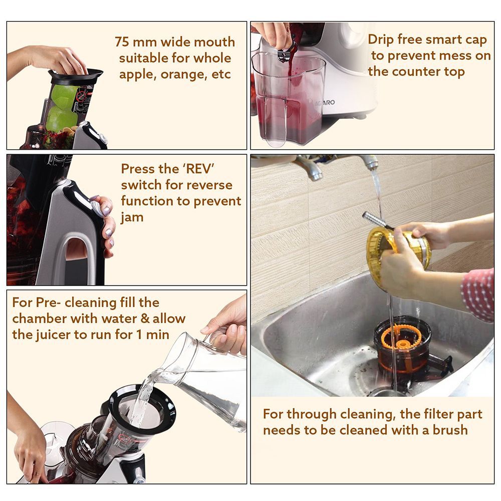 AGARO Imperial 240 Watt Slow Juicer (65 RPM, Cold Pressed Technology, Black & Grey)_8