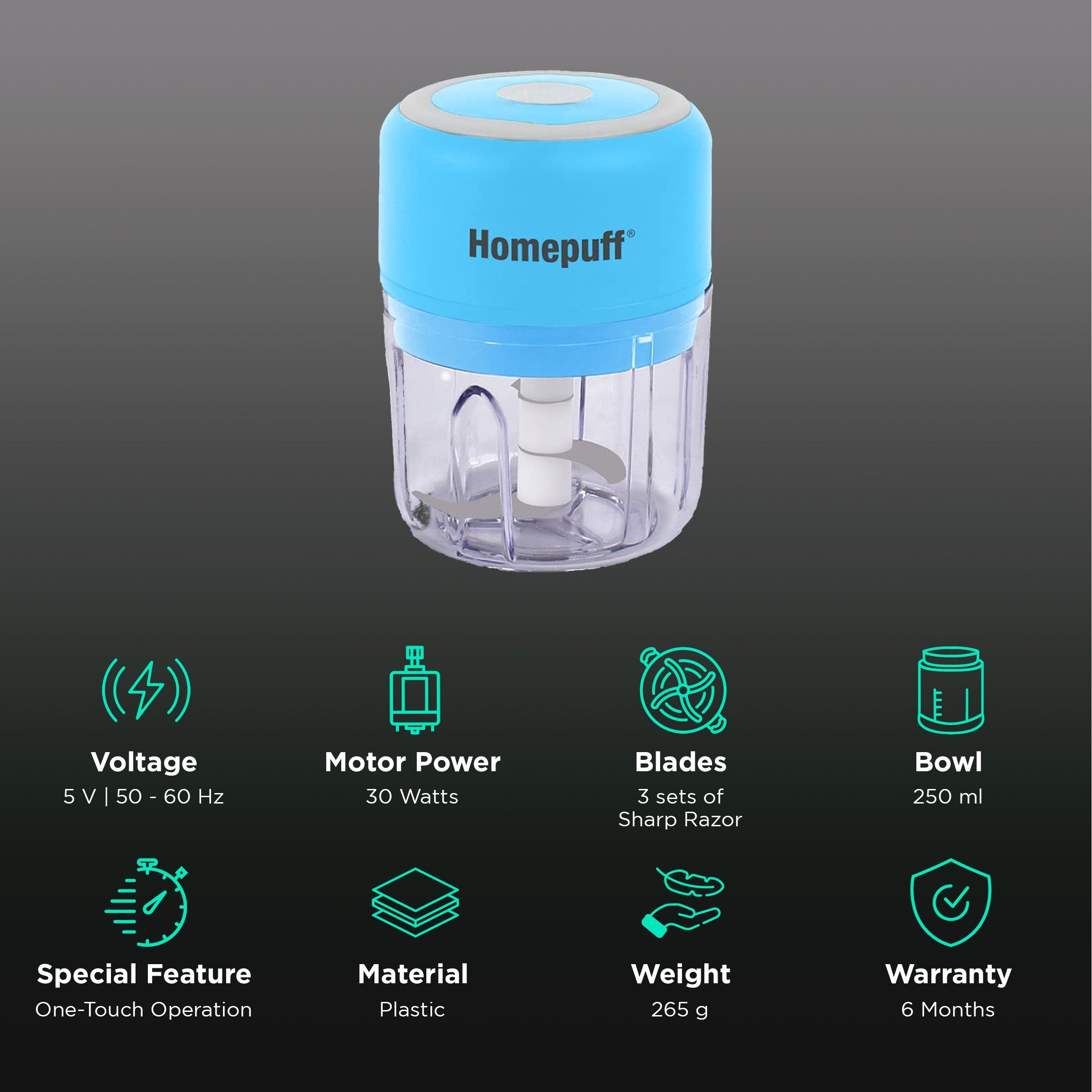 HomePuff H311 30 Watt Electric Vegetable Chopper with 3 Blades (Blue) HomePuff H311 30 Watt Electric Vegetable Chopper with 3 Blades (Blue)_2