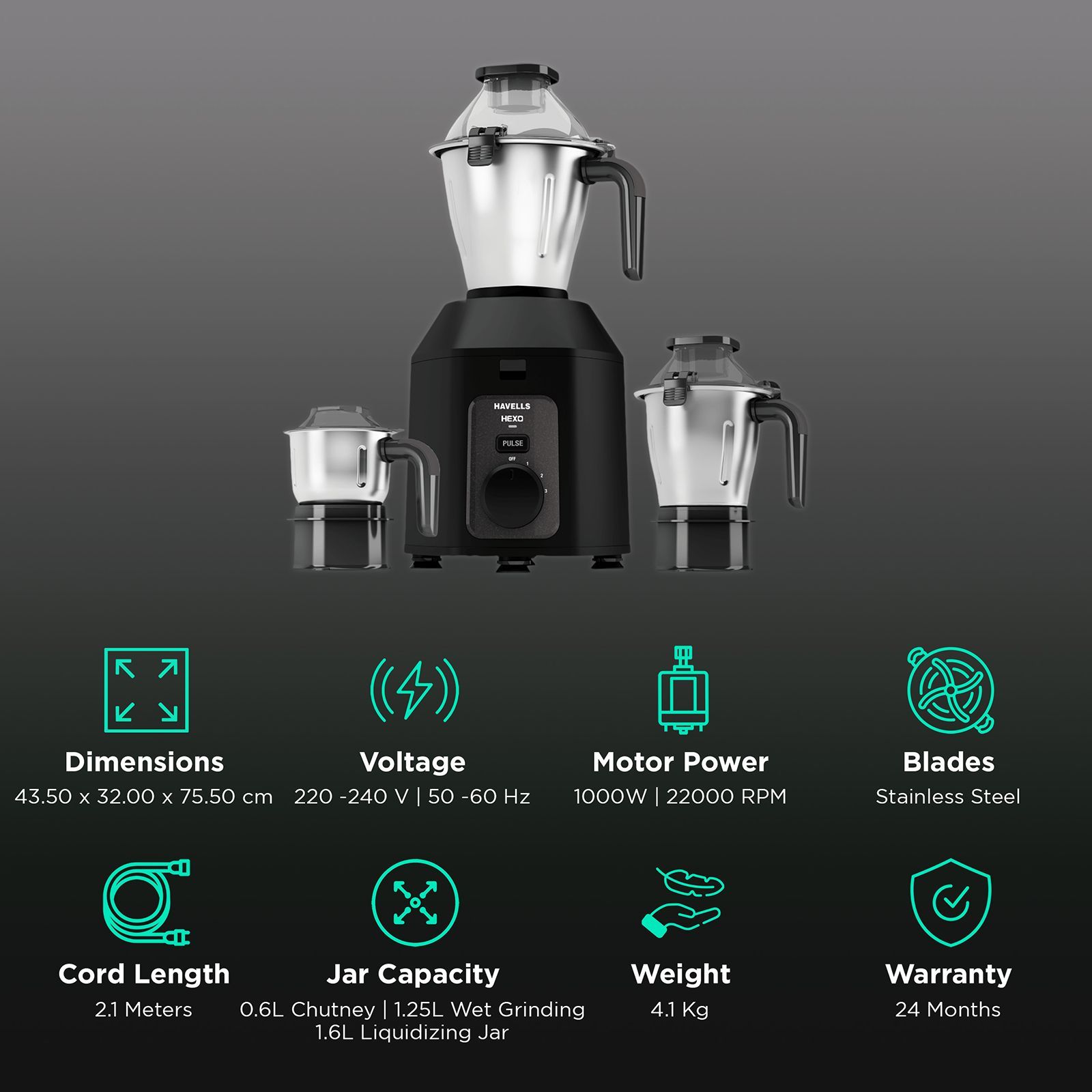 HAVELLS Hexo 1000 Watt 3 Jars Mixer Grinder (22000 RPM, Stainless Steel Blade, Black) HAVELLS Hexo 1000 Watt 3 Jars Mixer Grinder (22000 RPM, Stainless Steel Blade, Black)_2
