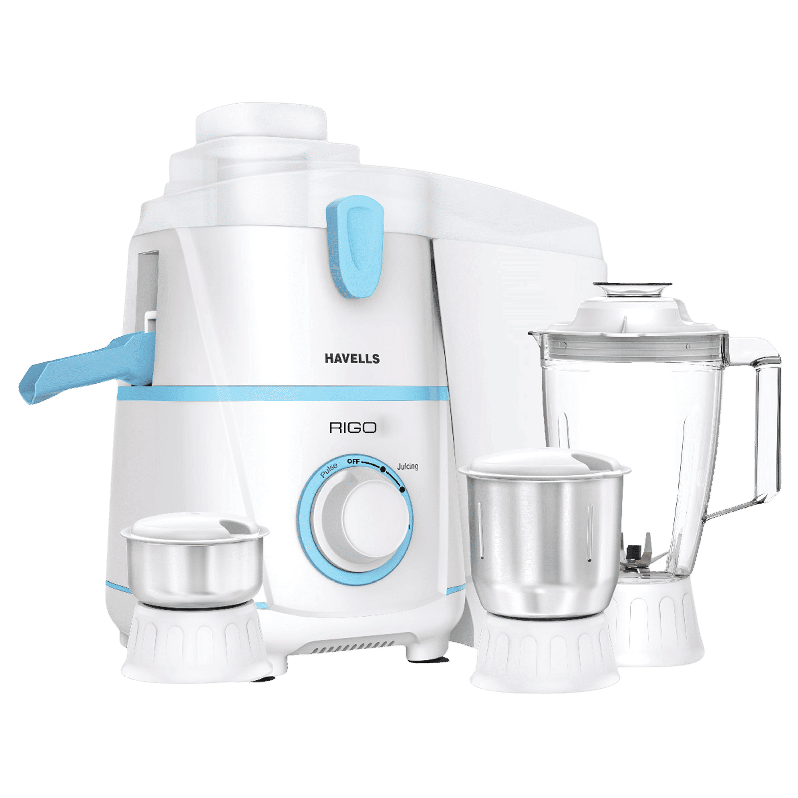 HAVELLS Rigo 500 Watt 3 Jars Juicer Mixer Grinder (Stainless Steel Blade, White Blue)_1
