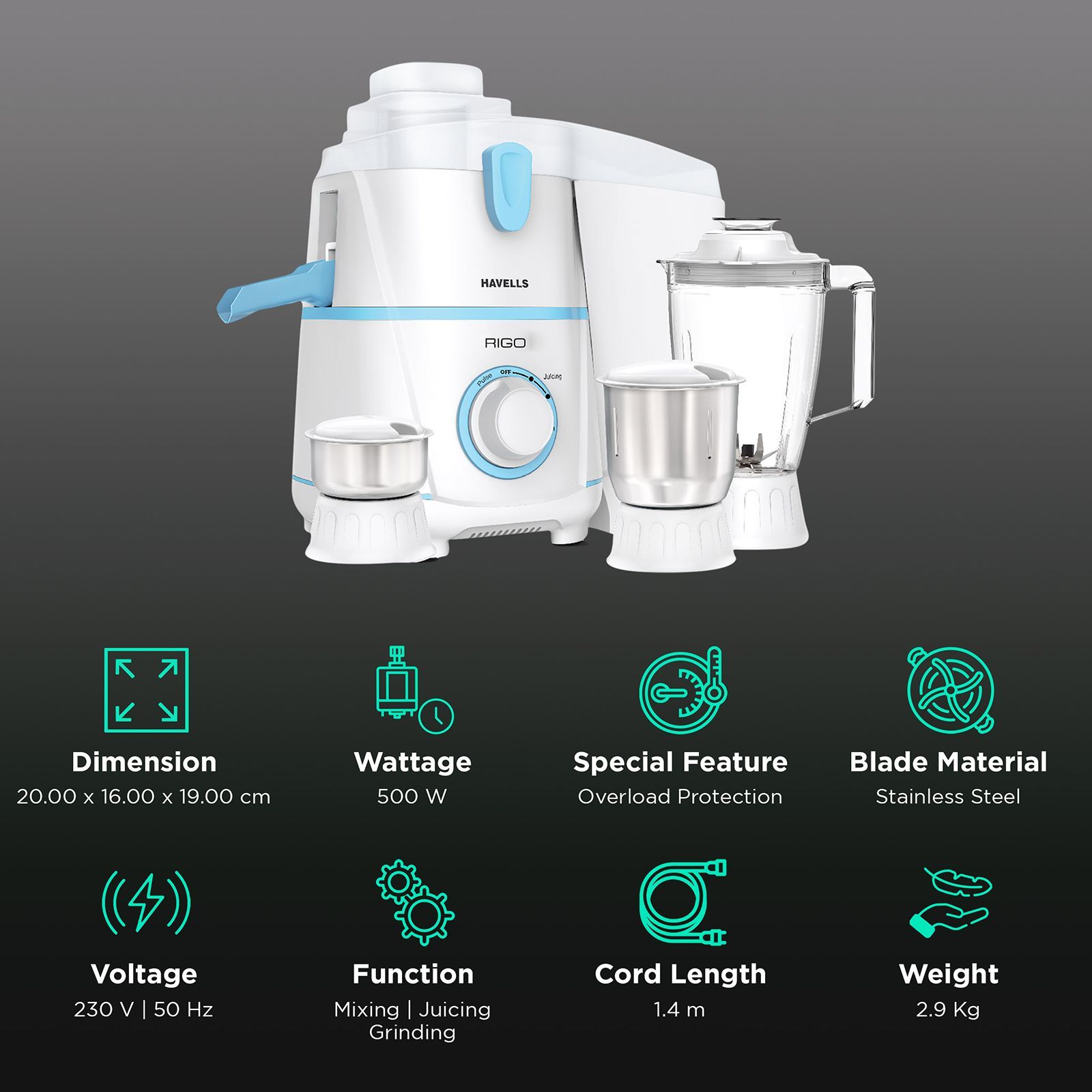 HAVELLS Rigo 500 Watt 3 Jars Juicer Mixer Grinder (Stainless Steel Blade, White Blue)_2