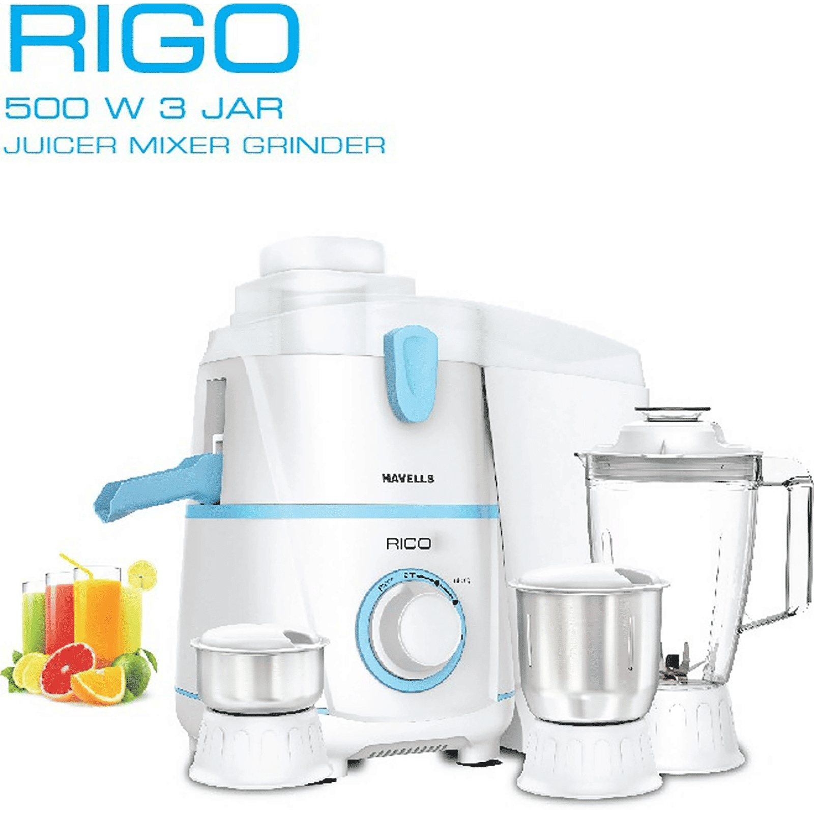 HAVELLS Rigo 500 Watt 3 Jars Juicer Mixer Grinder (Stainless Steel Blade, White Blue)_14