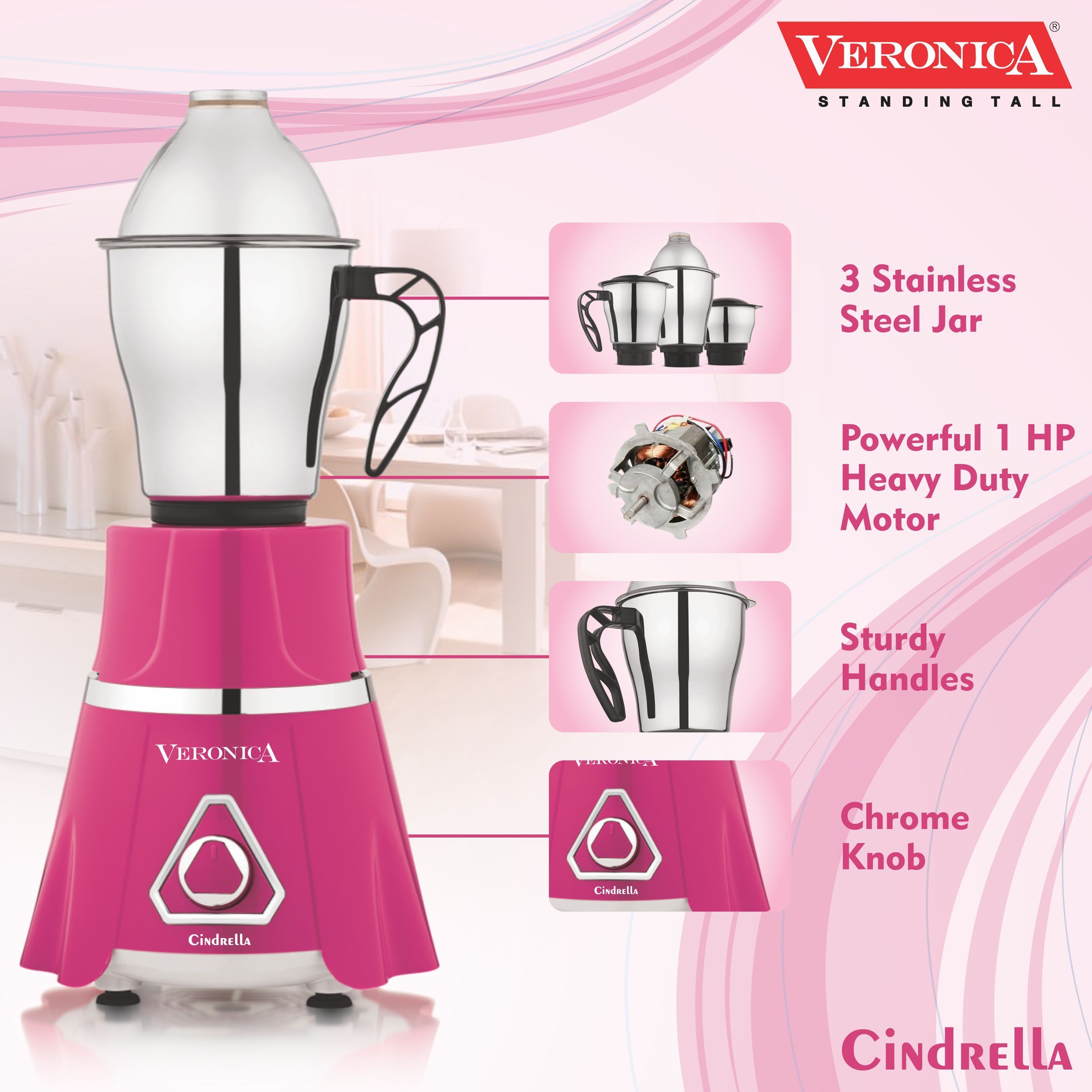 Veronica Cindrella 746 Watt 3 Jars Mixer Grinder (18000 RPM, Twist Lock Jar, Pink)_3