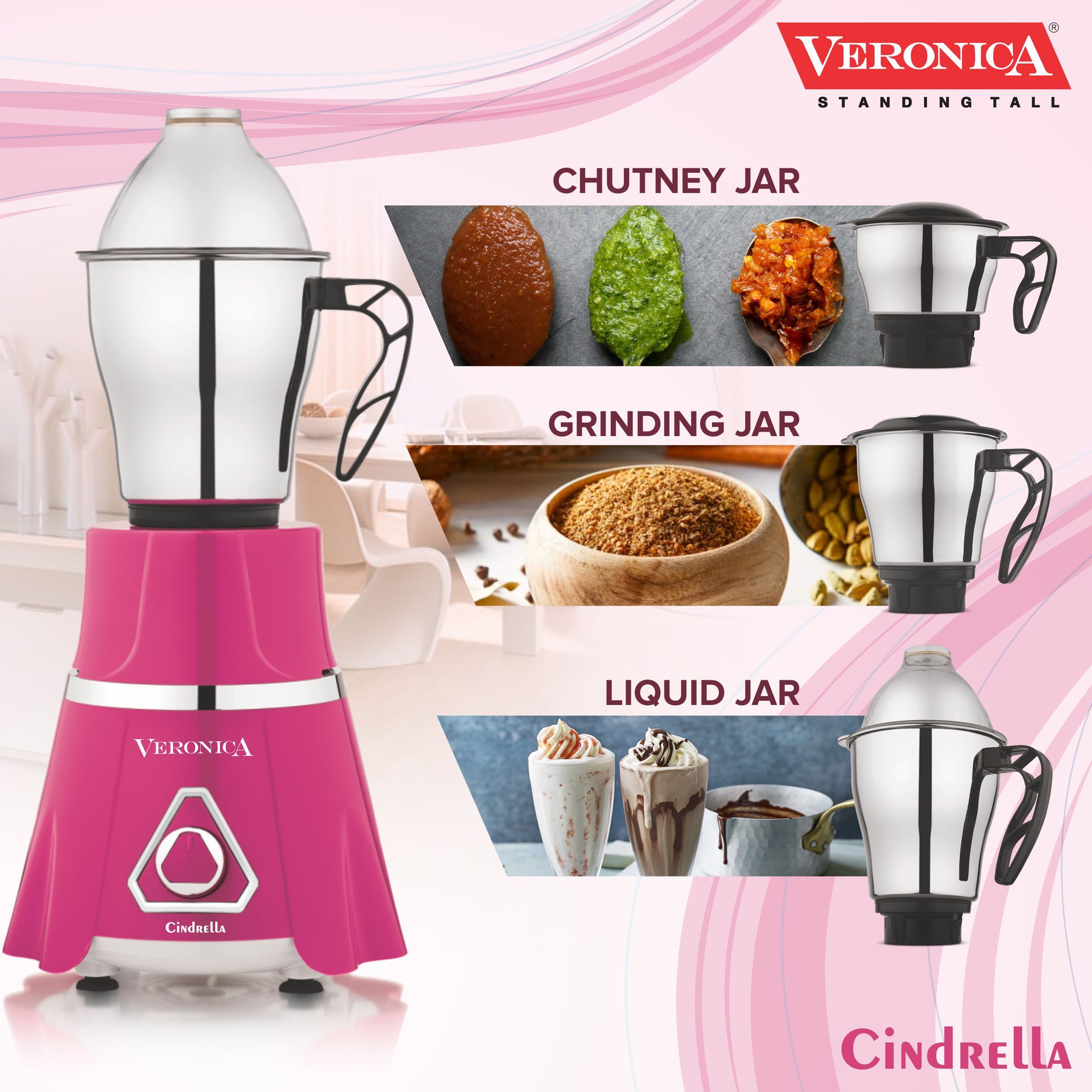 Veronica Cindrella 746 Watt 3 Jars Mixer Grinder (18000 RPM, Twist Lock Jar, Pink)_4