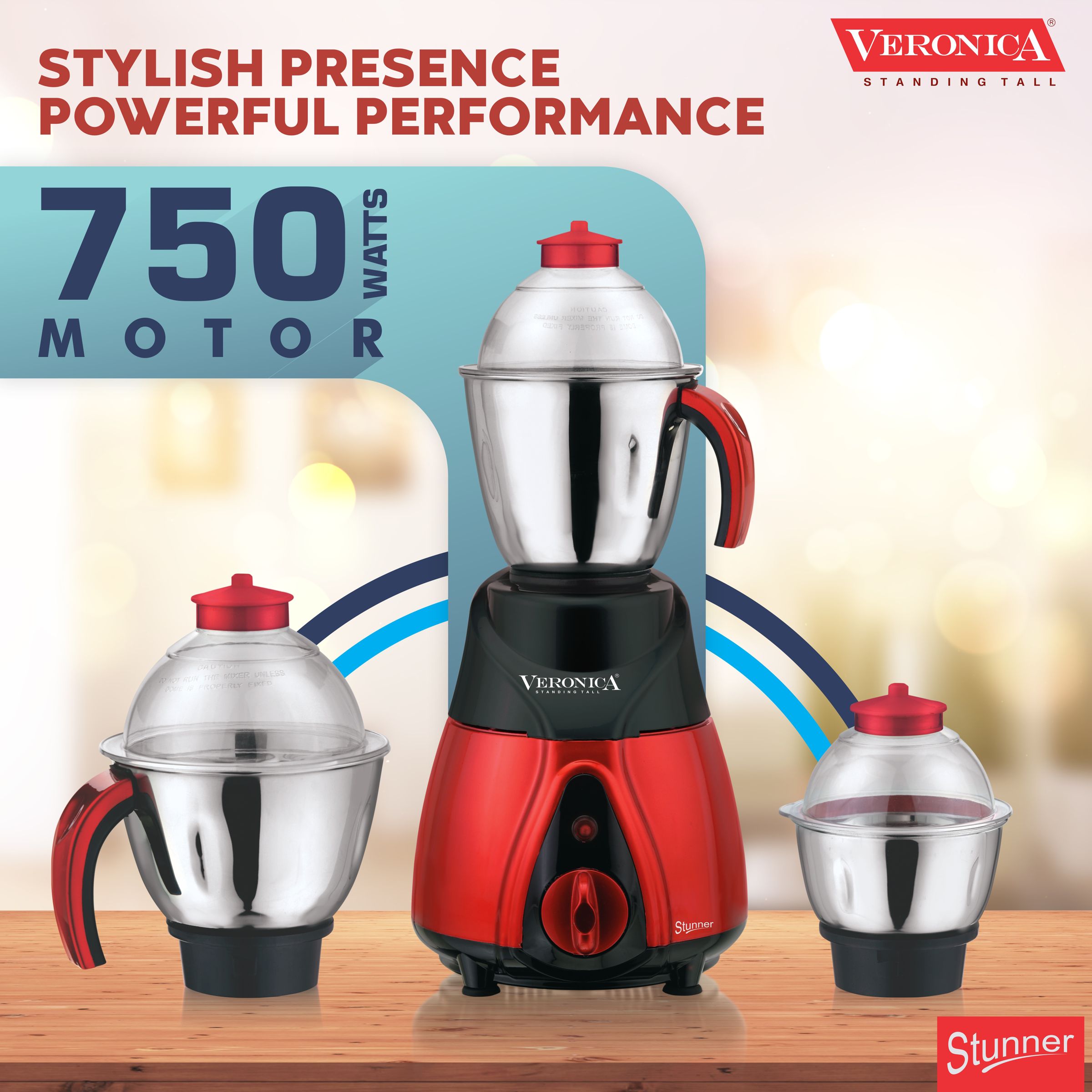 Veronica Stunner 750 Watt 3 Jars Mixer Grinder (18000 RPM, 3 Speed Settings, Red and Black)_2